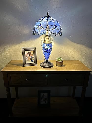 Miniatura 3 de Tiffany - Lámpara de mesa con pantalla de vitrales azules y base, estilo barroco, bombillas LED color lavanda, incluidas para sala de estar,