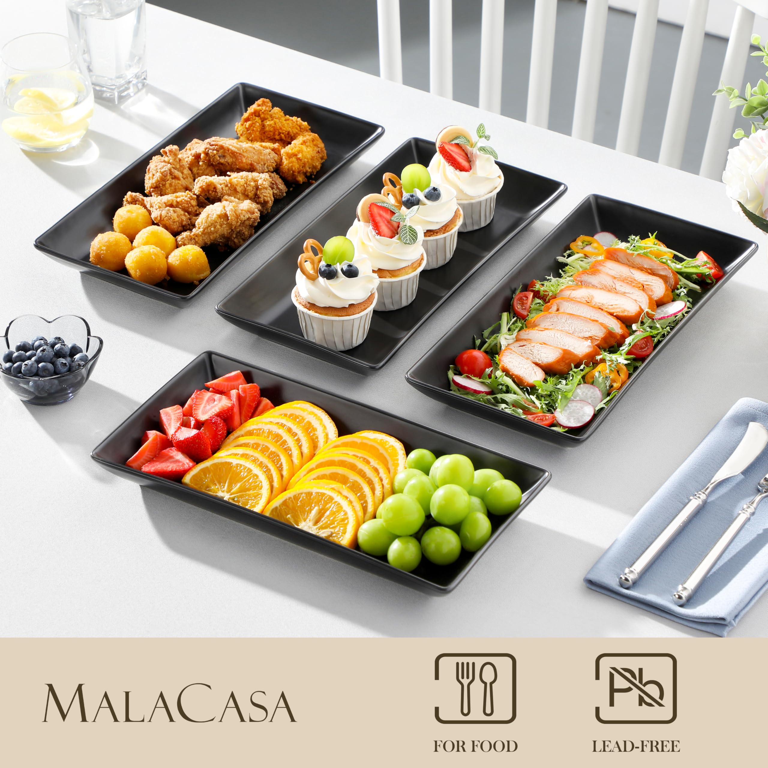 MALACASA Piatti da Portata in Porcellana 30,5 x 15,3 x 3,6 cm, Set di 4 Pezzi, Piatti da Portata Rettangolari Grandi per Buffet, Sushi, Torte, Antipasti a Casa, Feste o al Ristorante, Nero Opaco