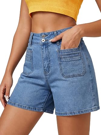 EMMIOL Bermuda Jean Shorts for Women Long Knee Length High Waisted Stretchy Cotton Jorts with Pockets Denim Summer Clean Fit