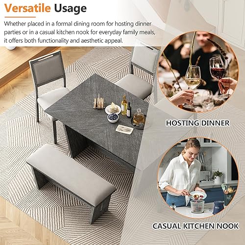 Miniatura 6 de Merax Juego de comedor retro de 6 piezas, 1 mesa rectangular con base de mesa trapezoidal estable y 4 sillas tapizadas y 1 banco para comedor y Gris