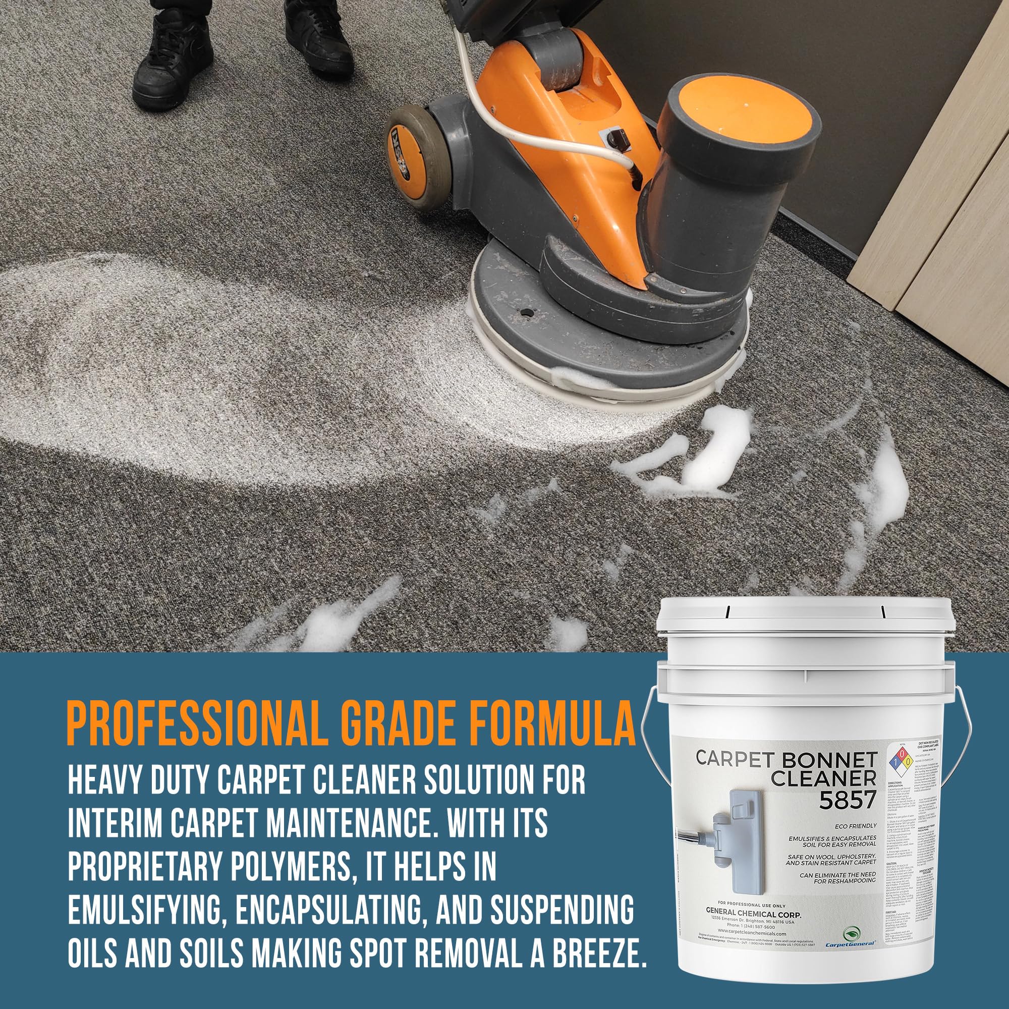 CarpetGeneral Bonnet Cleaner 5857 - Heavy Duty Shampoo Carpet Freshener Solution for Machine - Fast Drying & Pet Safe Carpet Shampoo for Rotary Cleaners, Commercial, & Industrial Use - 5 Gallon Pail