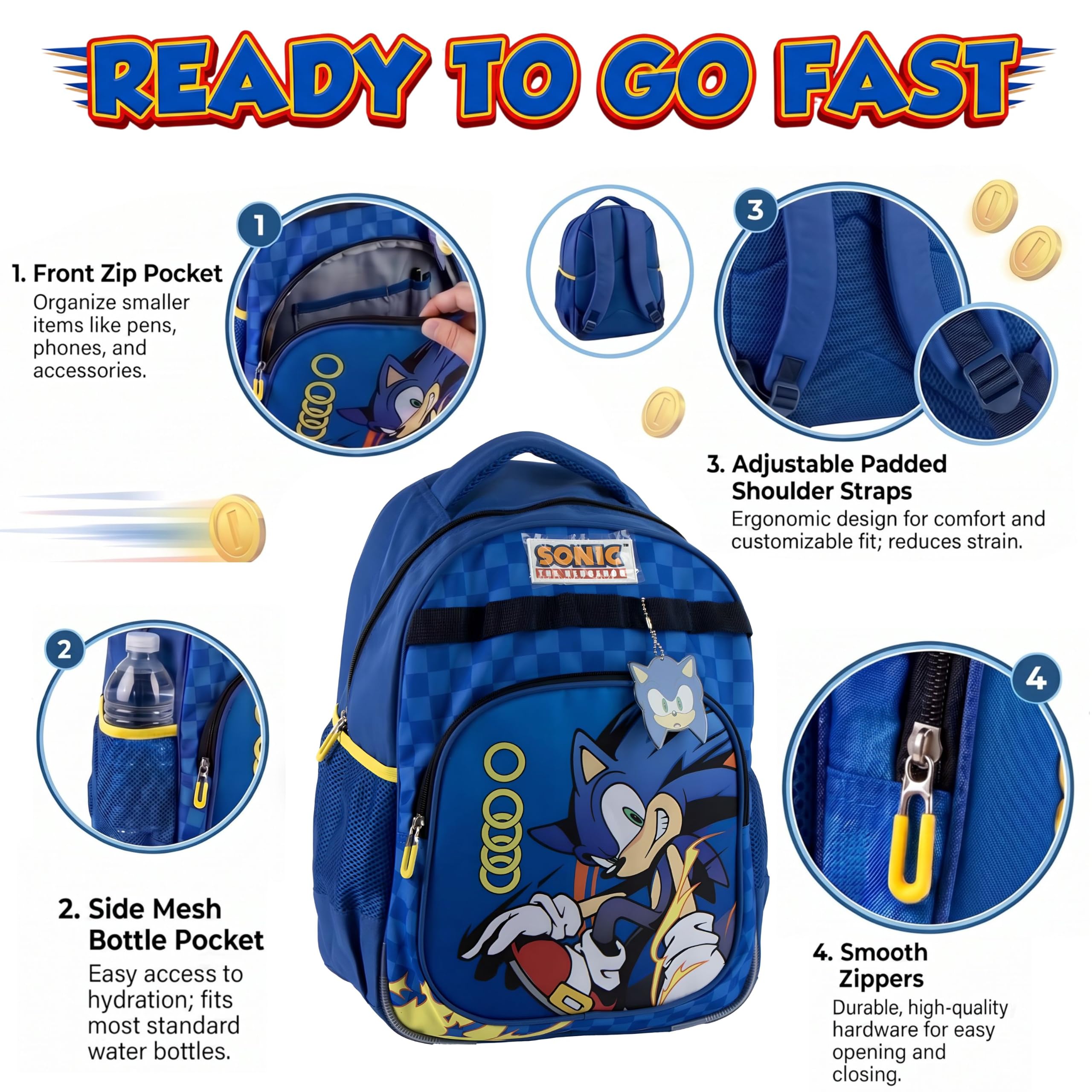 Sonic the Hedgehog - Mochila escolar para niños, 2 compartimentos, ligera, bolsa para libros grande con bolsillo frontal y bolsillo lateral de malla para botellas, mochila de viaje para niños, mochila