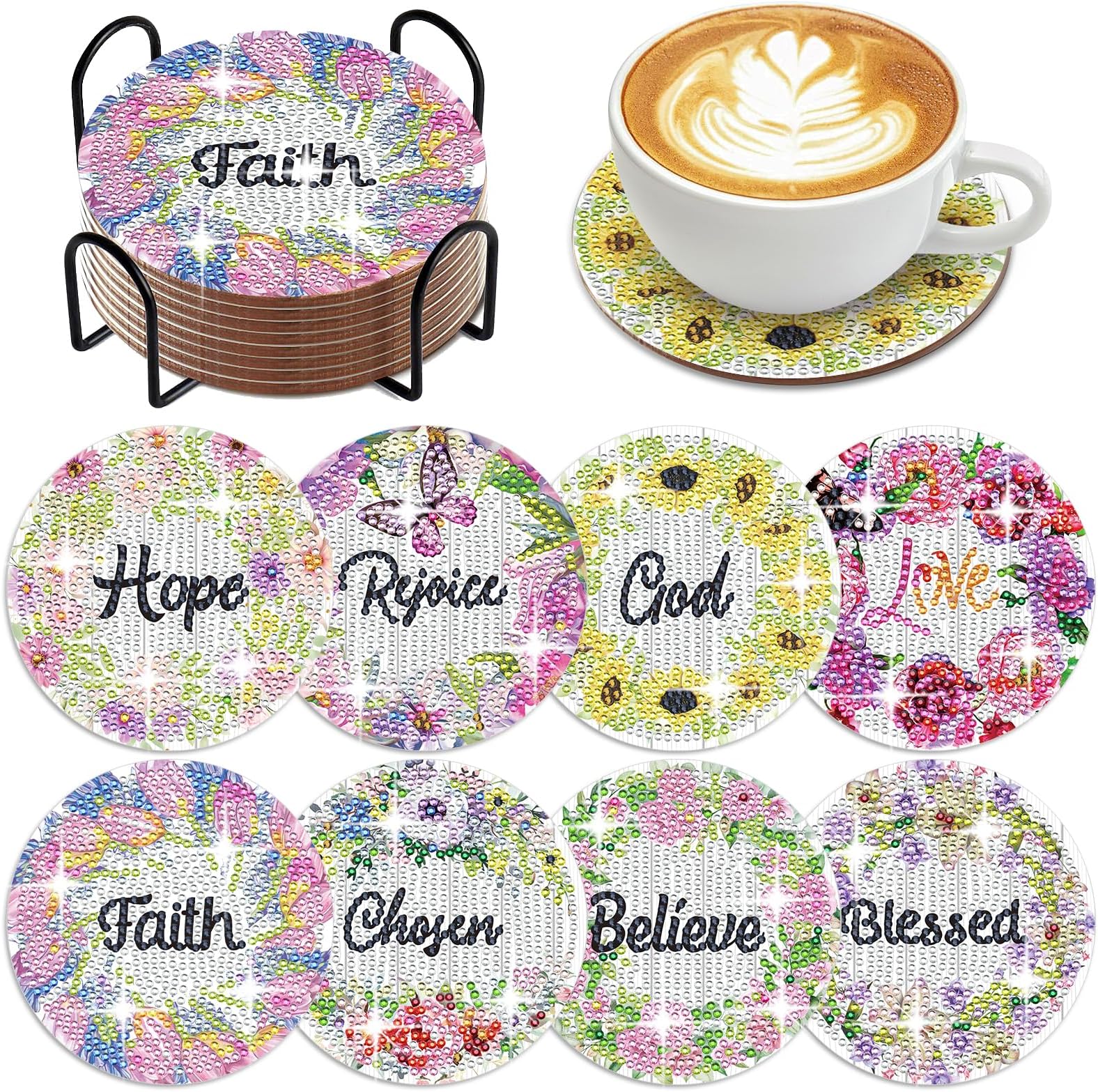 Amazon.com: Zaamwoyy 8 Pcs Flower Diamond Art Coasters with Holder DIY ...