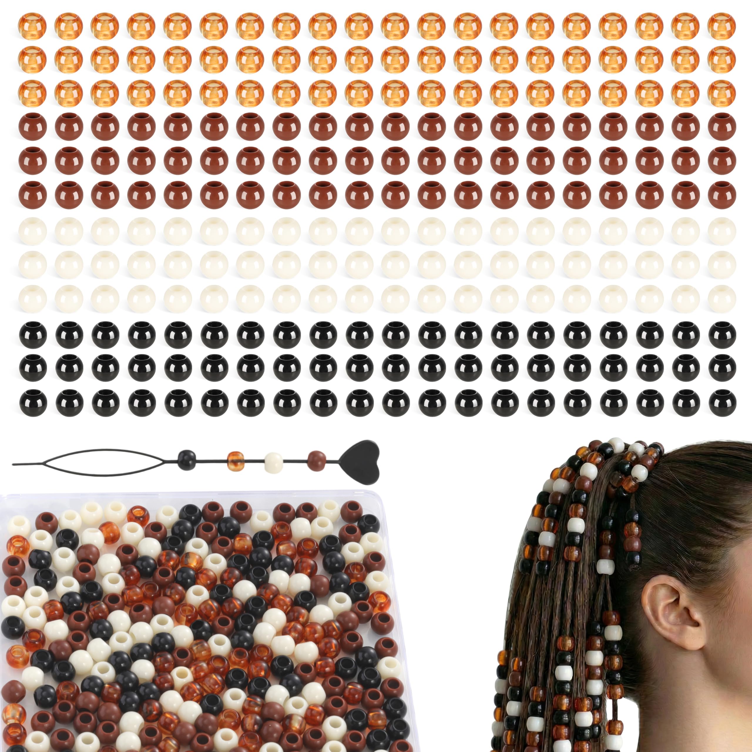 GUJOXILA 300PCS Brown Hair Beads for Braids Acrylic Hair Beads for Kids Adults Purple Large Bead Hairs Charms Jewellery Accessories with Hairs Threader