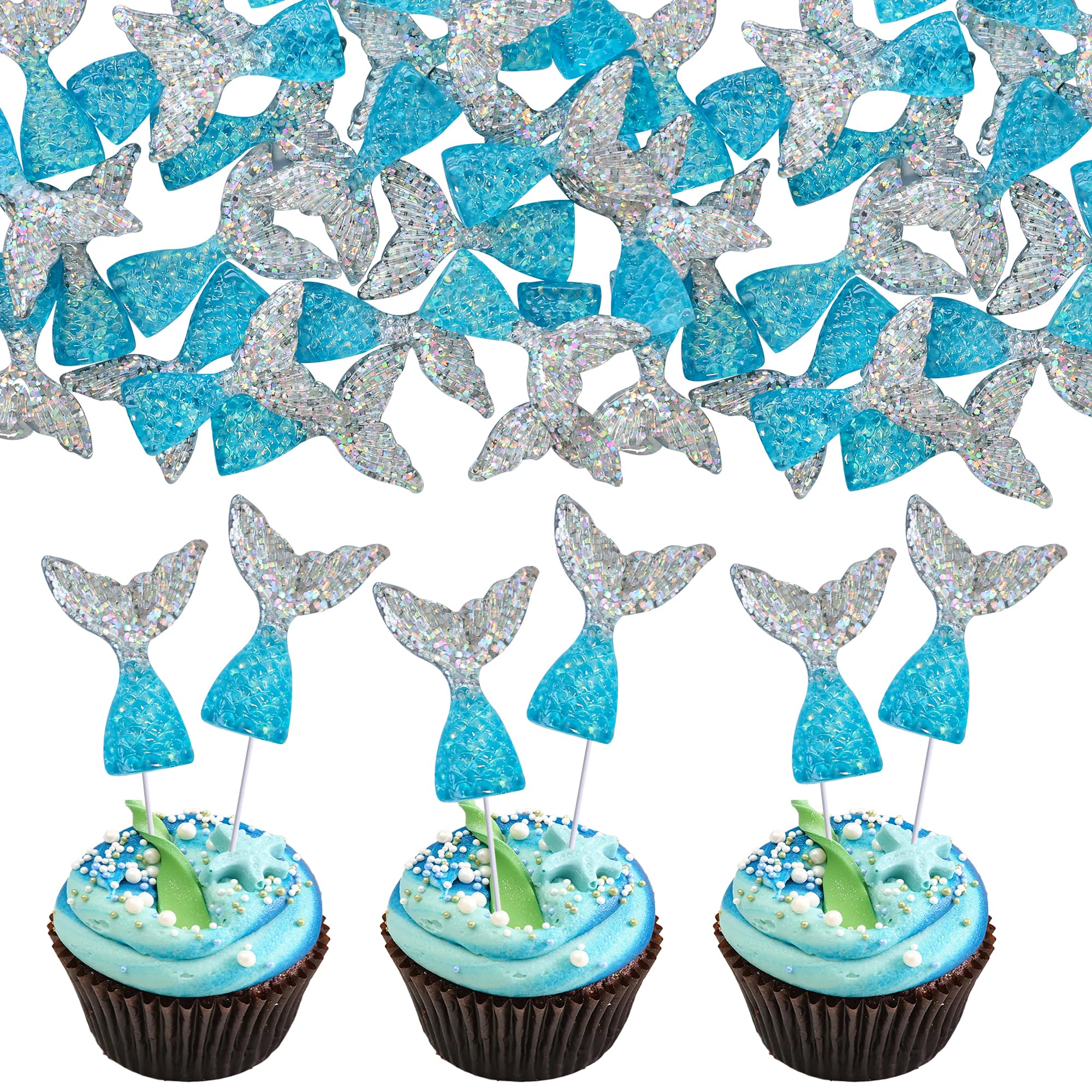 Ephlyn 24 Pcs Acrylic Mermaid Tails Cupcake Toppers Mini Wrappers Mermaid Tail Figurines Cake Decorations for Birthday Party Supplies Favors Blue Silver
