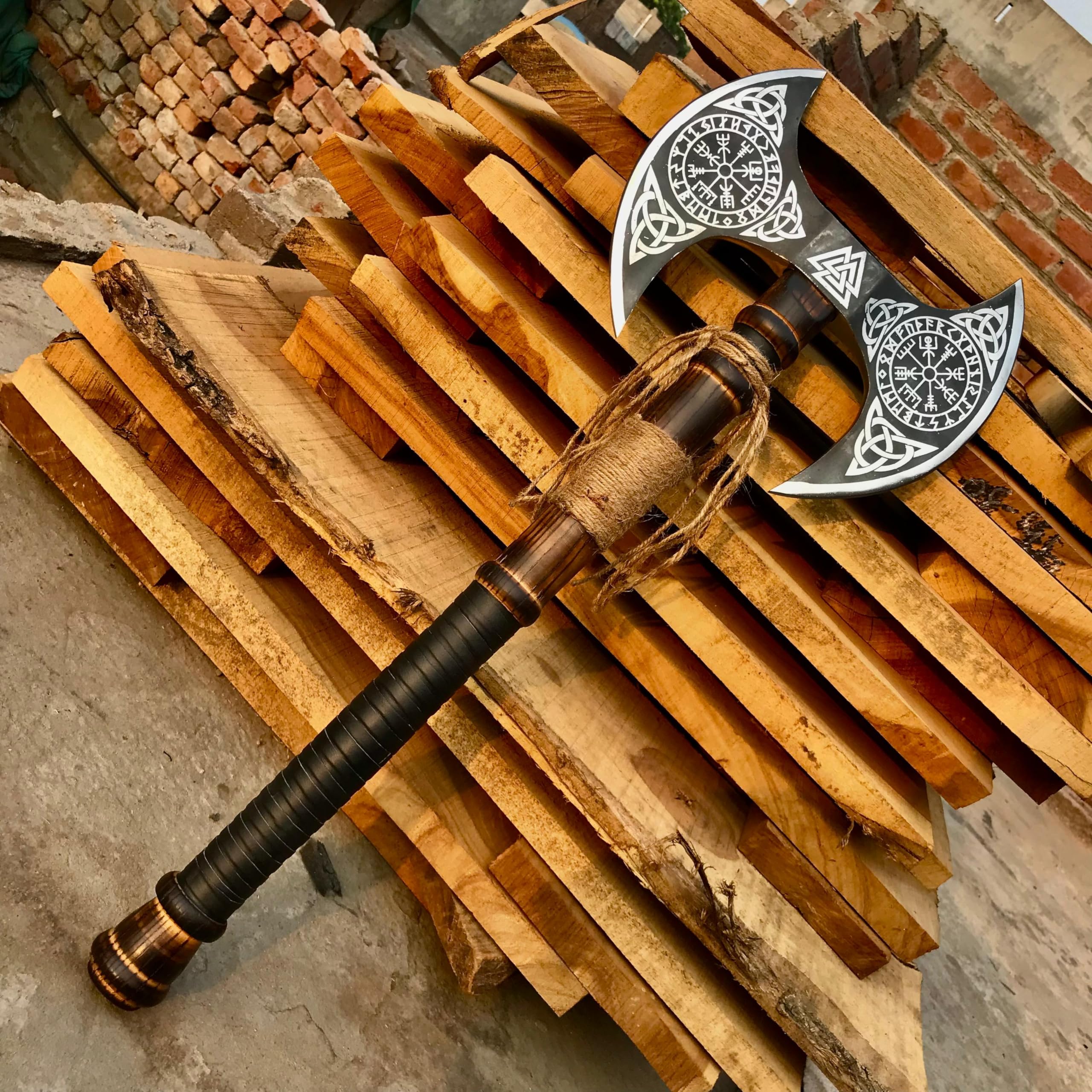 Dark Warrior Ragnar Viking Axe Hand Forged Carbon Steel Viking Camping Berserker Large Norse Axe,Scandinavian Double Headed Axe Functional Viking Battle ax Norse Mythology