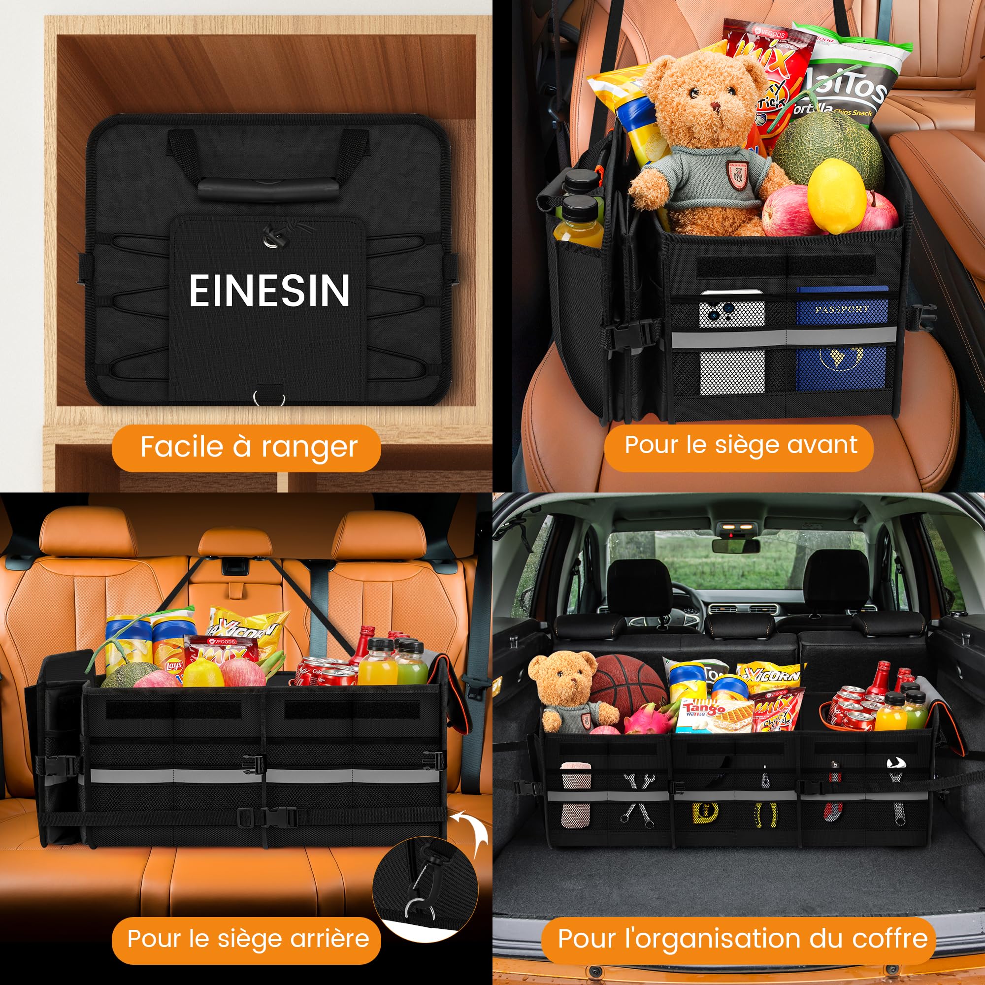 Einesin Rangement Coffre de Voiture Organisateur Coffre 88L avec 22L Sac Isolant Amovible, 7 Compartiments Ajustables, Sac De Rangement Pliable avec Couvercle, Fond Antidérapant