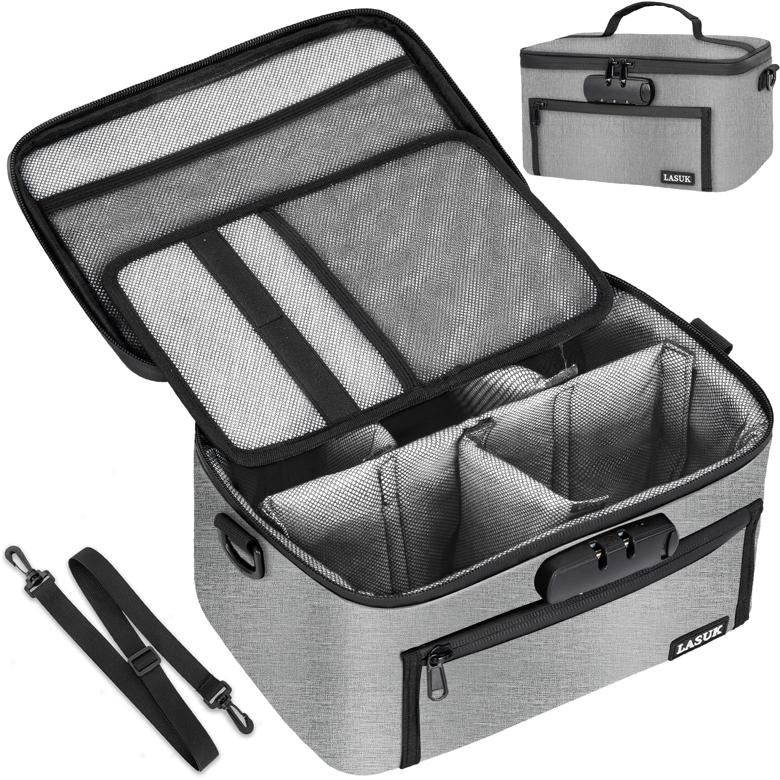 LASUK Large Storage Box with Combination Lock, Water-Resistant Carbon Lining Locking Bag, Portable Storage Travel Bag Organizer Removable Dividers, Great Gifts for Women/Men(Grey)