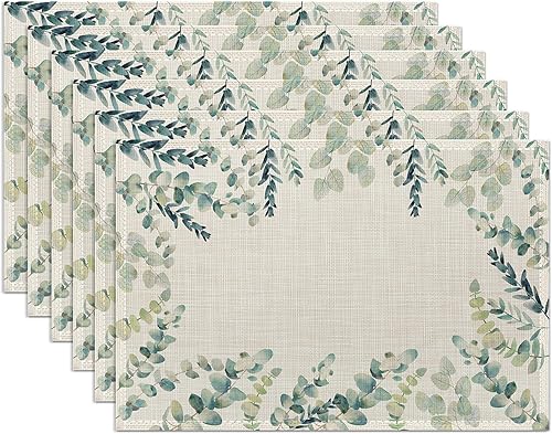 Juego de 6 manteles individuales verdes florales  manteles individuales color verde salvia botánico, lavables, resistentes al calor, para cocina,