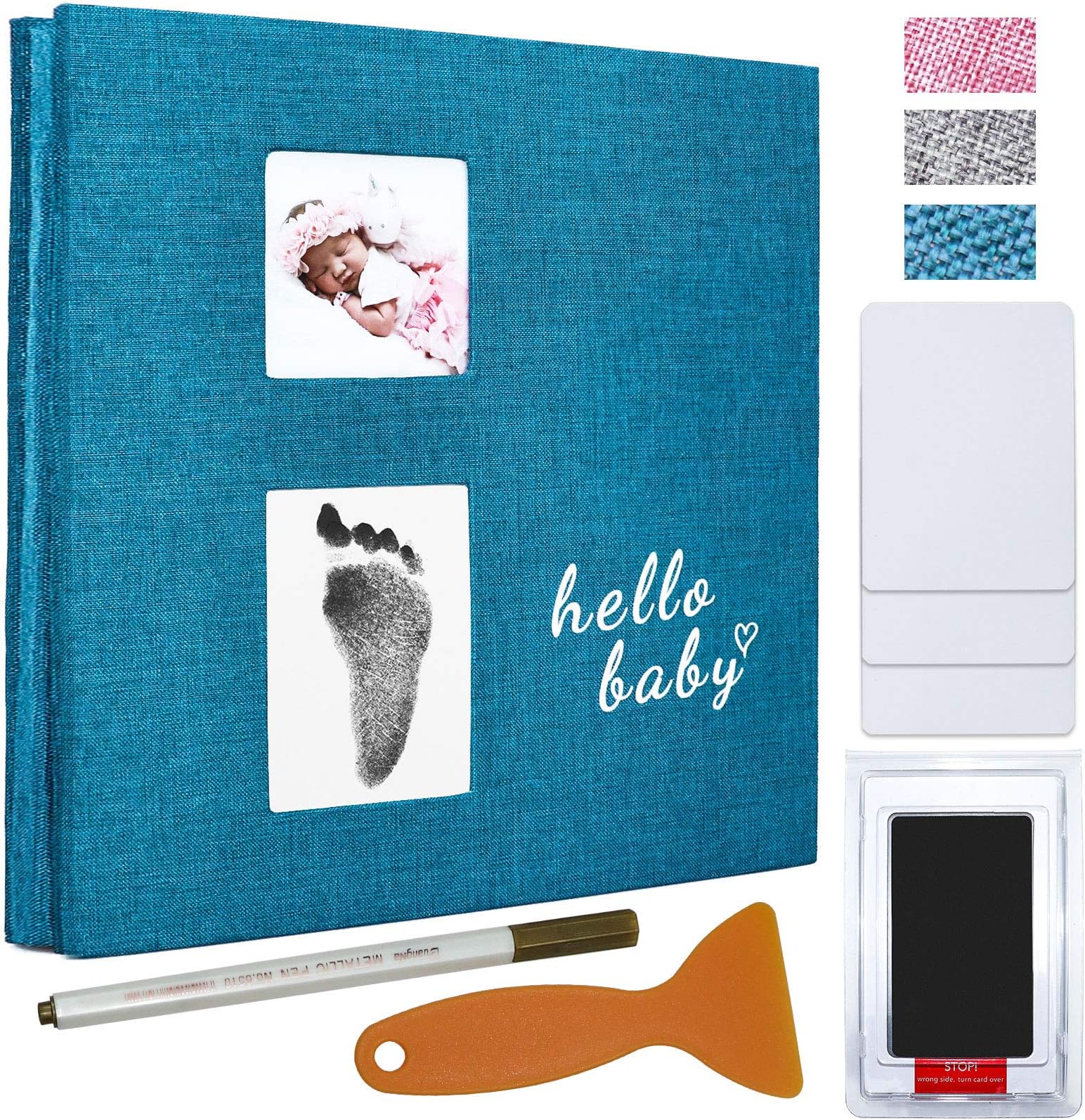 Baby Photo Album 4x6 Self Adhesive Memory Book Magnetic Scrapbook Kit with Clean-Touch Ink Pad Create Handprint Footprintand and a Metallic Pen for boy or Girl Baby,40 Pages