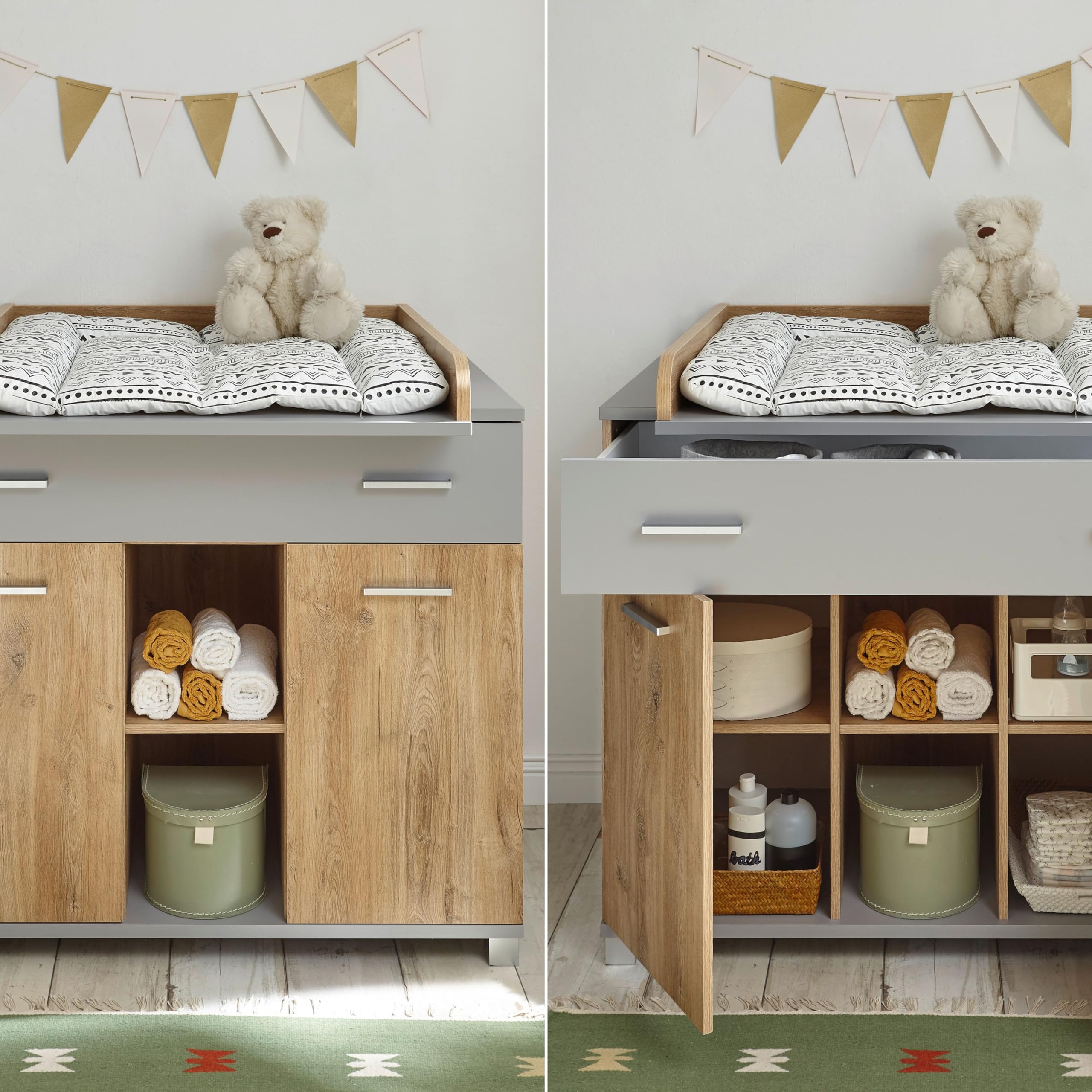 LARISSA Baby Wickelkommode inkl. Wickelaufsatz Bolton Oak Optik Arktisgrau 107 x 104 x 79 cm