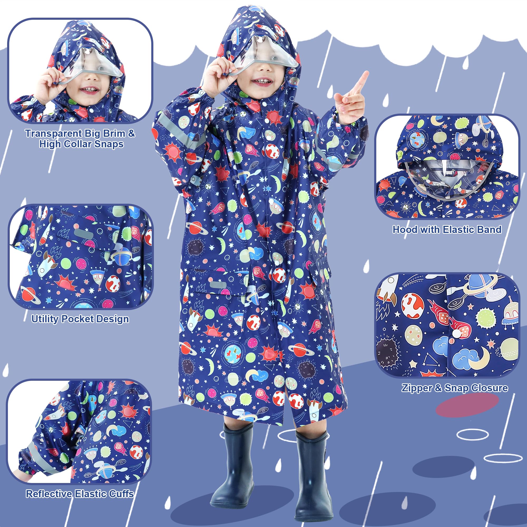 Chubasquero para Niñas Poncho Impermeable Ligero Lindos Poncho de Lluvia con Capucha y Rayas Reflectantes Plegable Chaqueta Impermeable Unisex Infantil 3-12 años