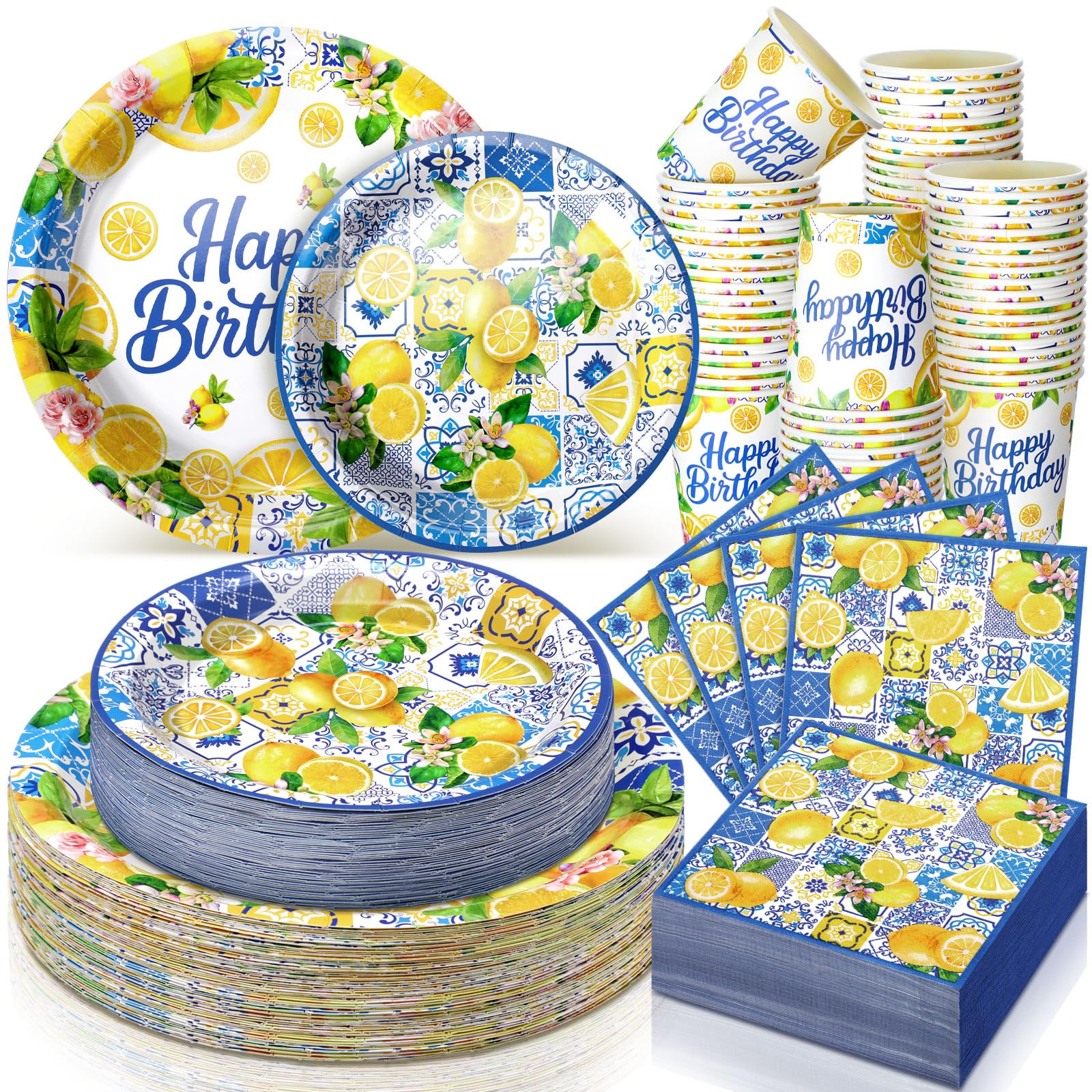 Jingmore 250 Pcs Birthday Party Decorations Plates and Napkins Birthday Party Supplies Set Disposable Plates Napkins and Cups for Bridal Shower Baby