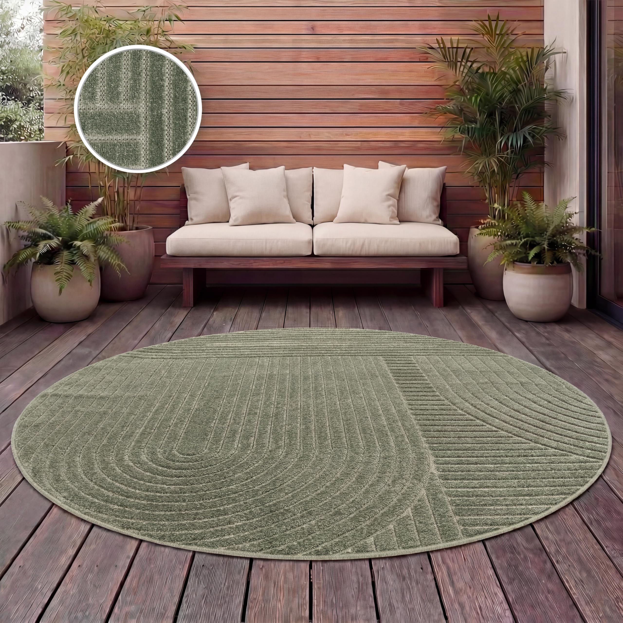 Paco Home Outdoor Teppich Rund 200 cm Grün, Wetterfest & Robust Japandi Skandi Design mit Geometrischer 3D-Optik, für Terrasse & Wohnzimmer