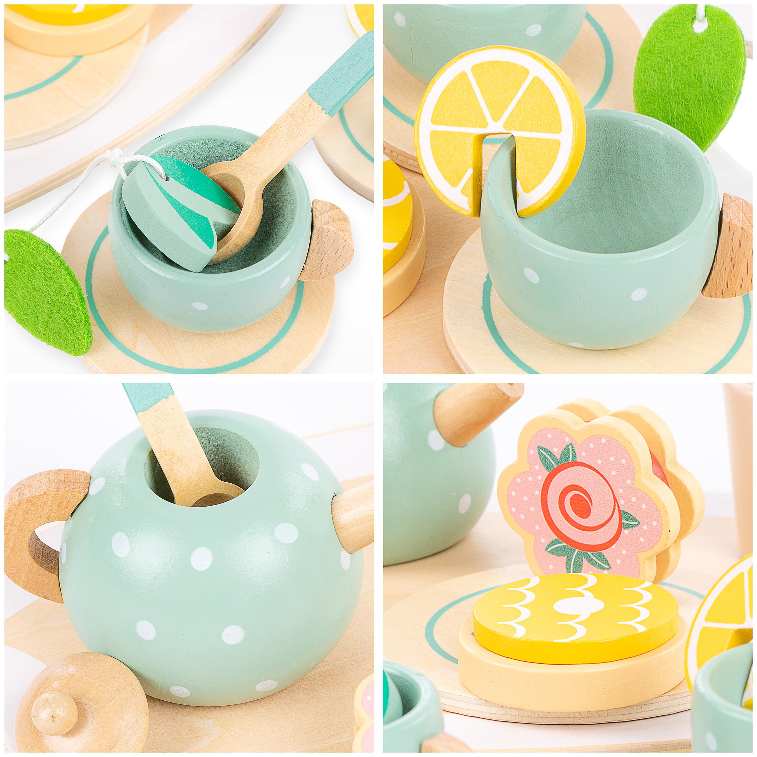 Kinderplay Servizio da Tè in Legno per Bambini – Set 15 Pezzi con Vassoio – Gioco di Imitazione per Tea Party – Accessori Cucina 3+ Anni