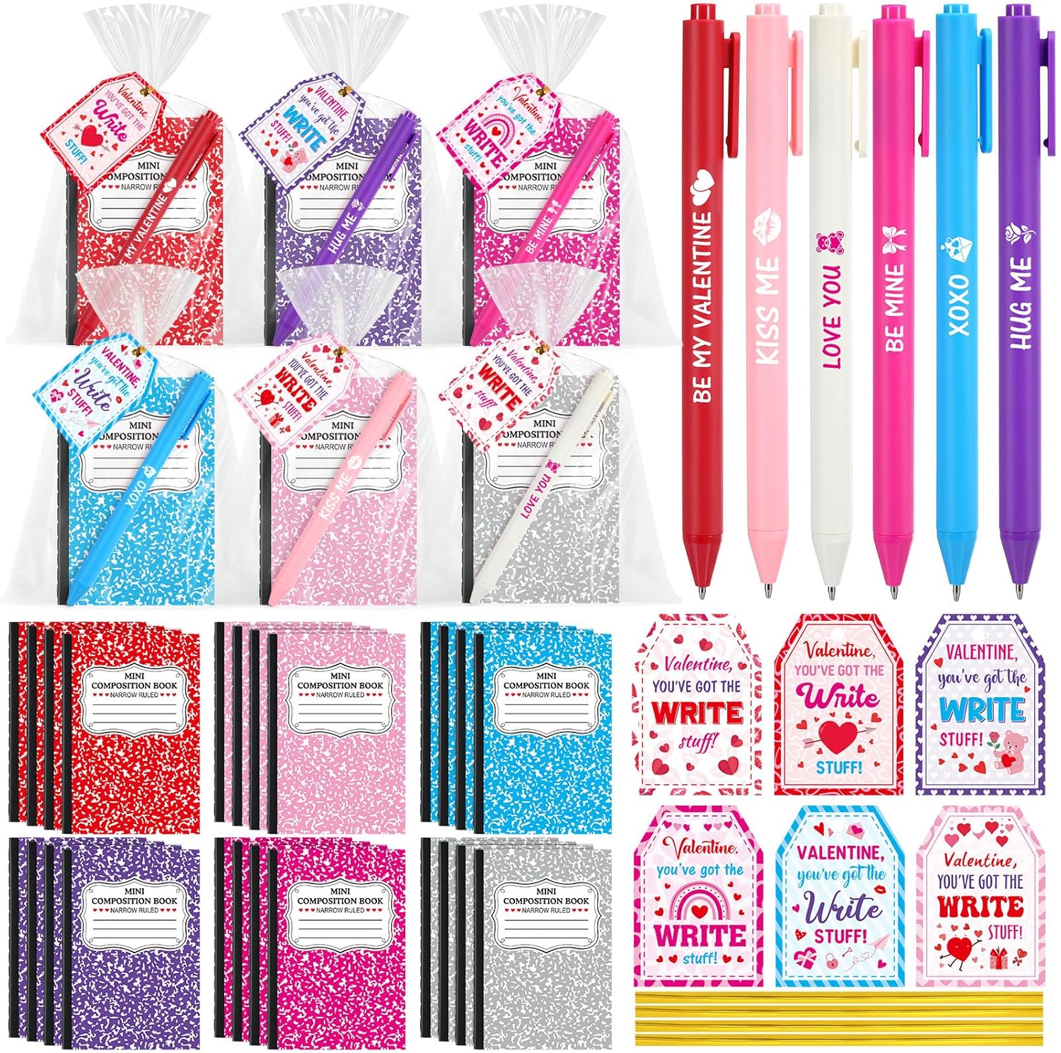 Pajean 96 Pcs Valentine's Day Stationery Set 24 Valentine's Day Notebooks with 24 Pens 24 Cards 24 Gifts Bags for Home Valentines Exchange Gifts School Classroom Office Party Favors Supplies