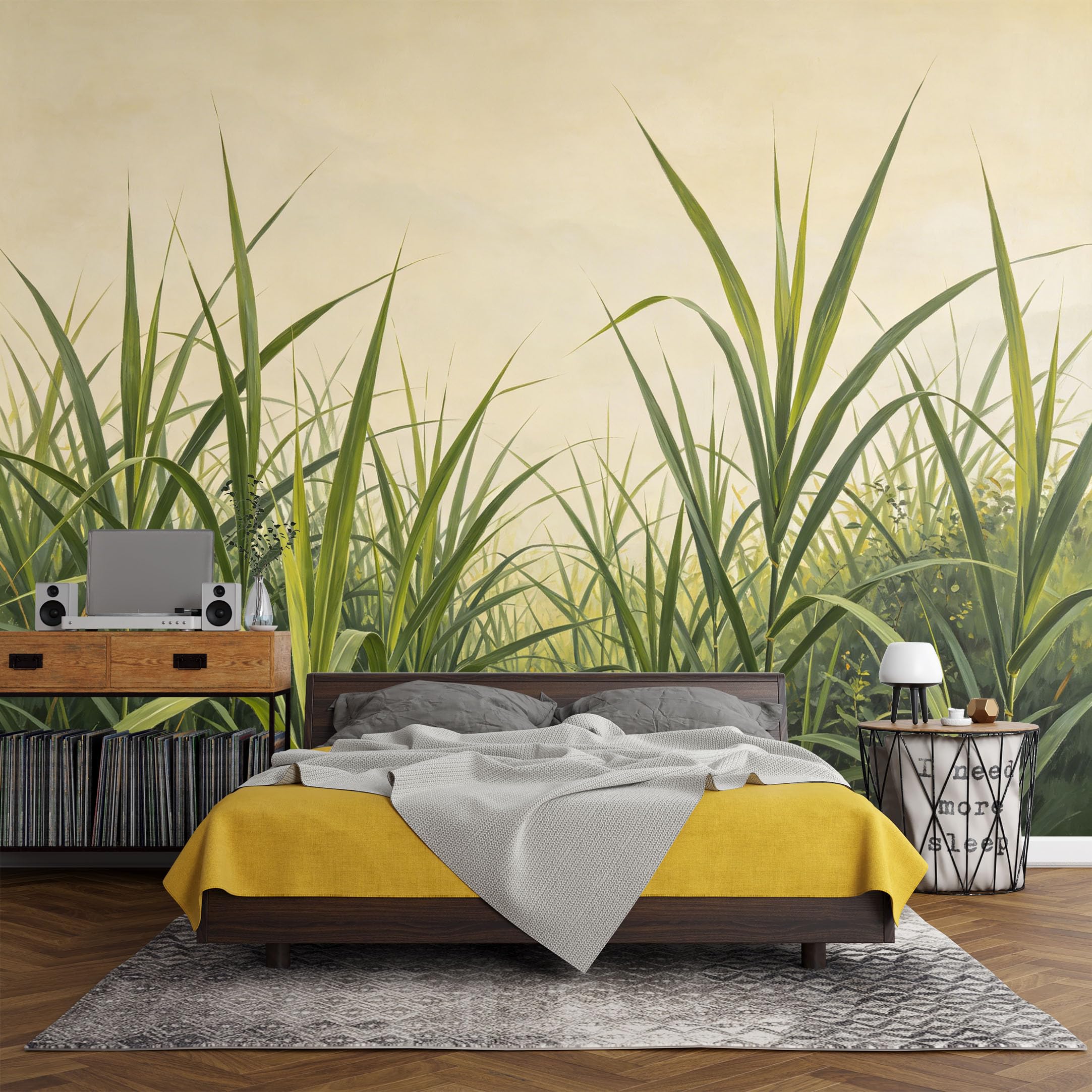 Custom Size Wall Mural， Botanical Green Meadow Leaves Grassland Nature Landscape，SelfAdhesive Art Prints wall Fabric (No PVC) Removable Wallpaper Living Room Decor