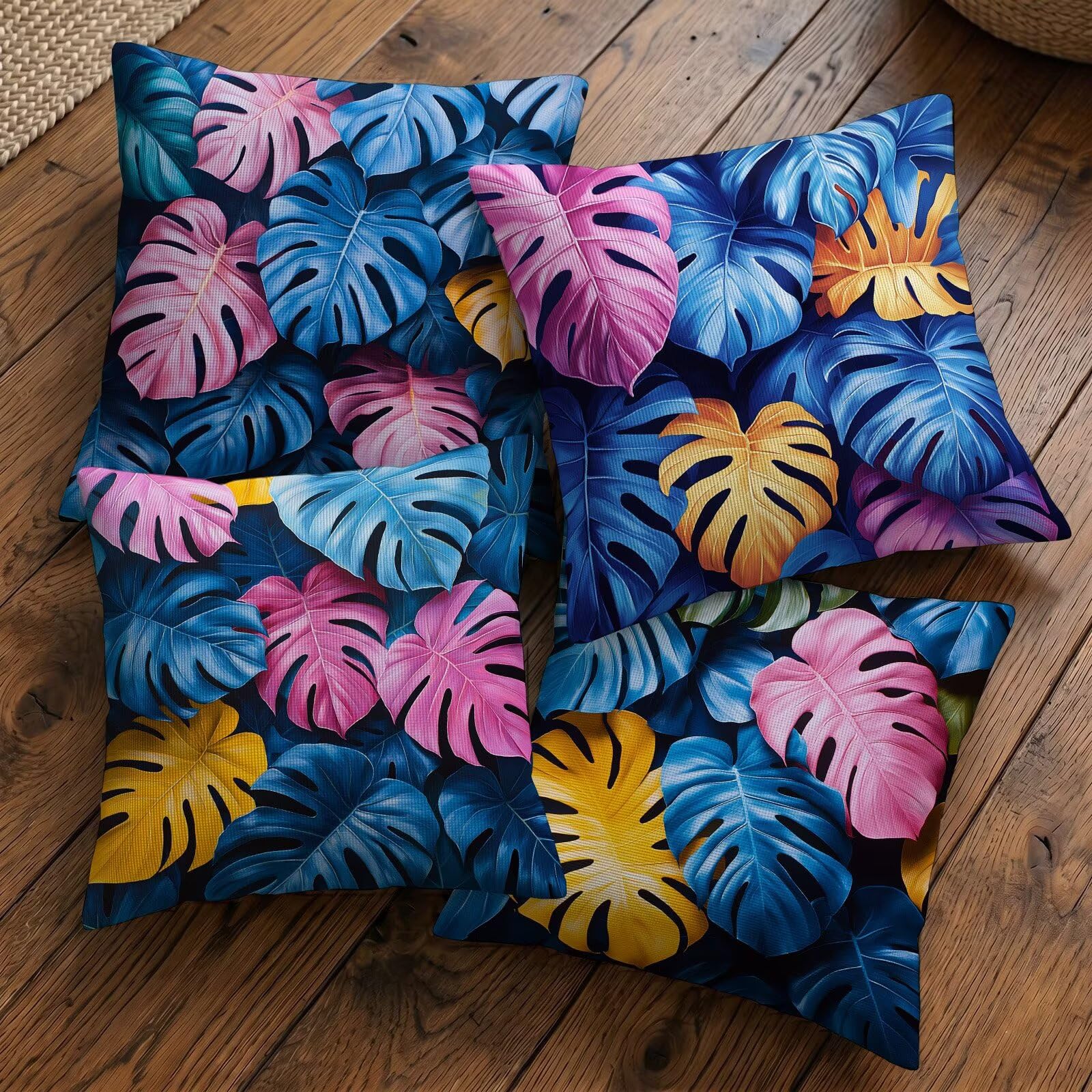 Wodoodporne poszewki na poduszki zewnętrzne 65x65 cm Zestaw 4 tropikalnych lnianych drukowanych kwadratowych poszewek na poduszkę dekoracyjna na sofę salon ogród taras krzesło ławka dekoracja domu