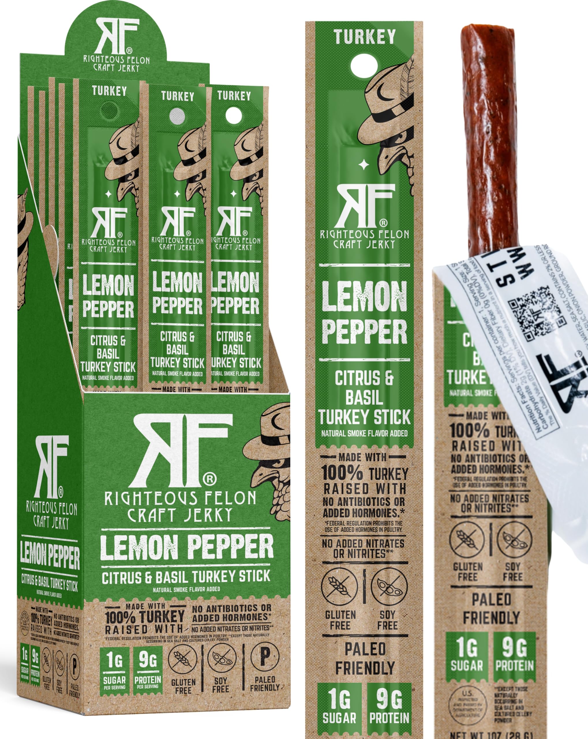 Righteous Felon Meat Sticks | 100% Turkey Sticks | Gluten Free & Keto Meat Sticks | Low Sugar & High Protein Turkey Sticks | Healthy Snack for Adults | Jerky Gifts for Men | Lemon Pepper, 24 Pack