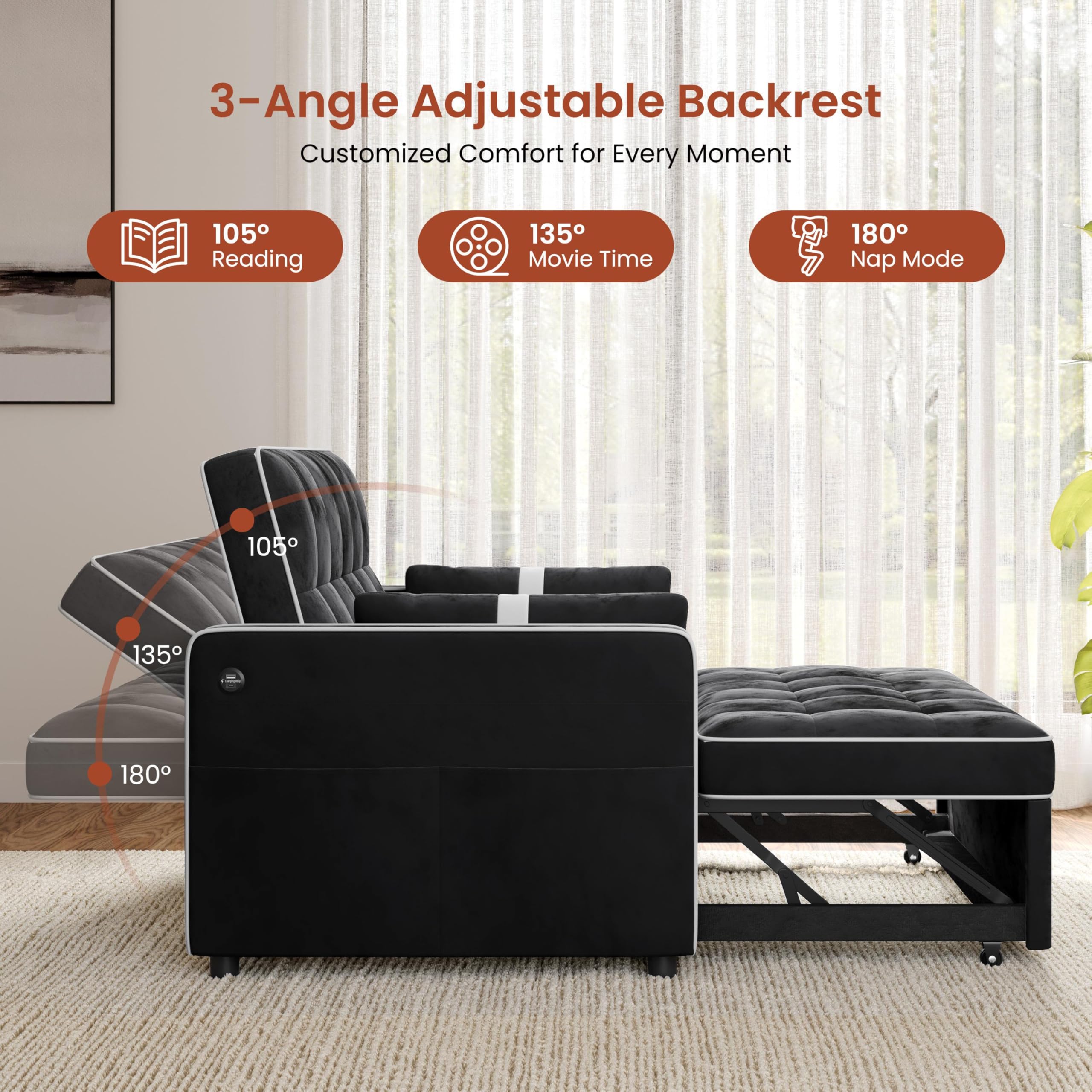 Yaheetech 3 in 1 Sofa Bed Convertible Sleeper Sofa with USB Ports, Black | Velvet Pull Out Couch Folding Loveseat Sleeper, Armrest Pillows, USB Ports, Side Pockets for Living Room Bedroom Apartment