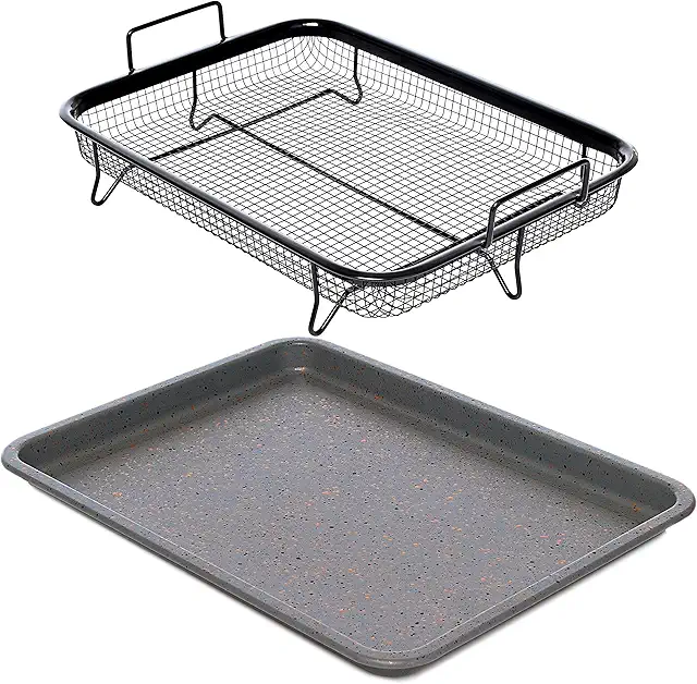 Home Icon Granite Copper Crisp Air Fryer Pan Non-Stick Tray with Basket 2pcs Set