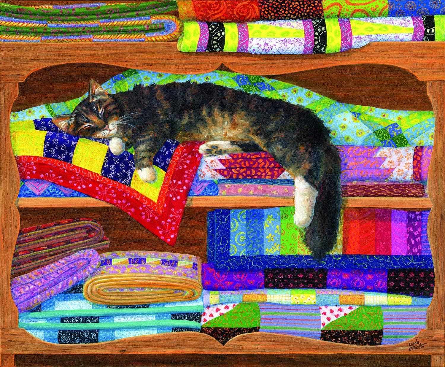 SunsOut INC - Quilt Cupboard - 1000 pc Jigsaw Puzzle by Artist: Linda Elliott - Finished Size 23" x 28" - MPN# 31649