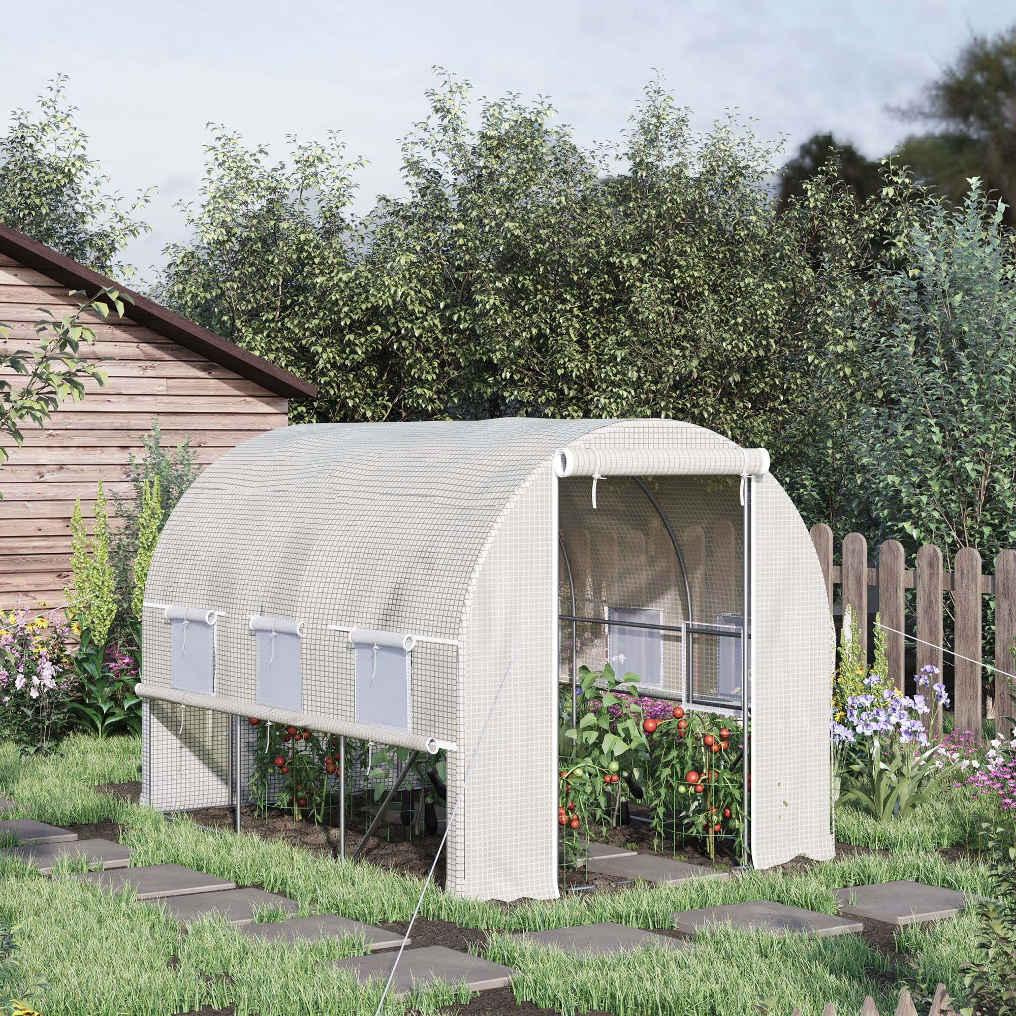 Outsunny Serra da Giardino a Tunnel 3x2x2 m con Porta Avvolgibile e 6 Finestre a Rete, Serra per Orto con Struttura in Acciaio e Copertura PE, per Orto Verdure Fiori Frutta, Anti UV, Bianco