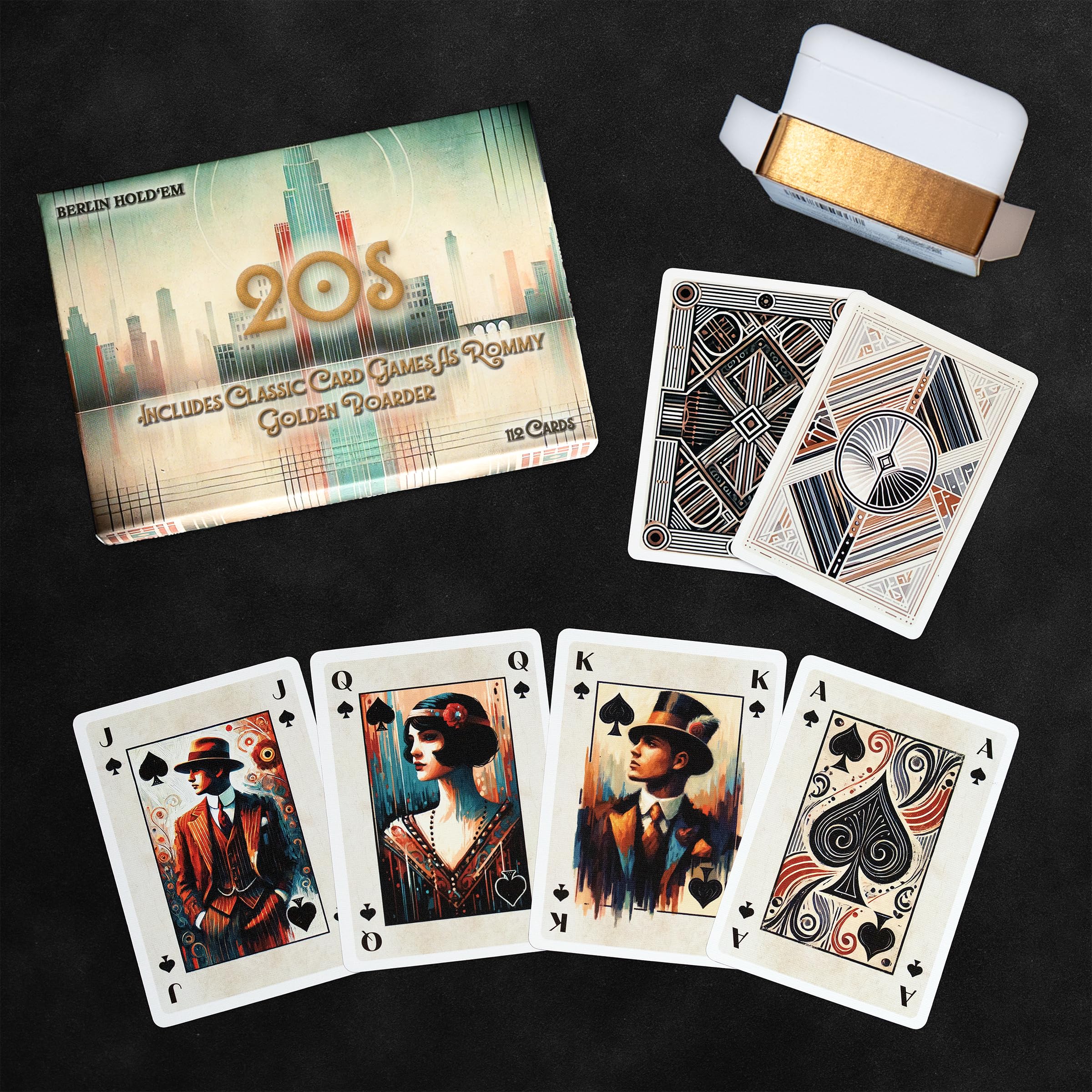 Berlin Hold’Em Spielkarten - Doppelpack 20s Design - Hell & Dunkel mit Goldschnitt - 112 Karten (2 x 56), Poker Size 63 x 88 mm, Pokerkarten Kartendeck für Poker, Skat & Rommé - 2