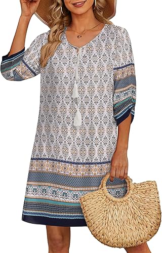 HOTOUCH Plus Size Dresses for Curvy Women Casual Beach Summer Dress Boho Tassel Tie Neck 3/4 Long Sleeve Short Floral Print Flowy Cover Up Sundresses White XL