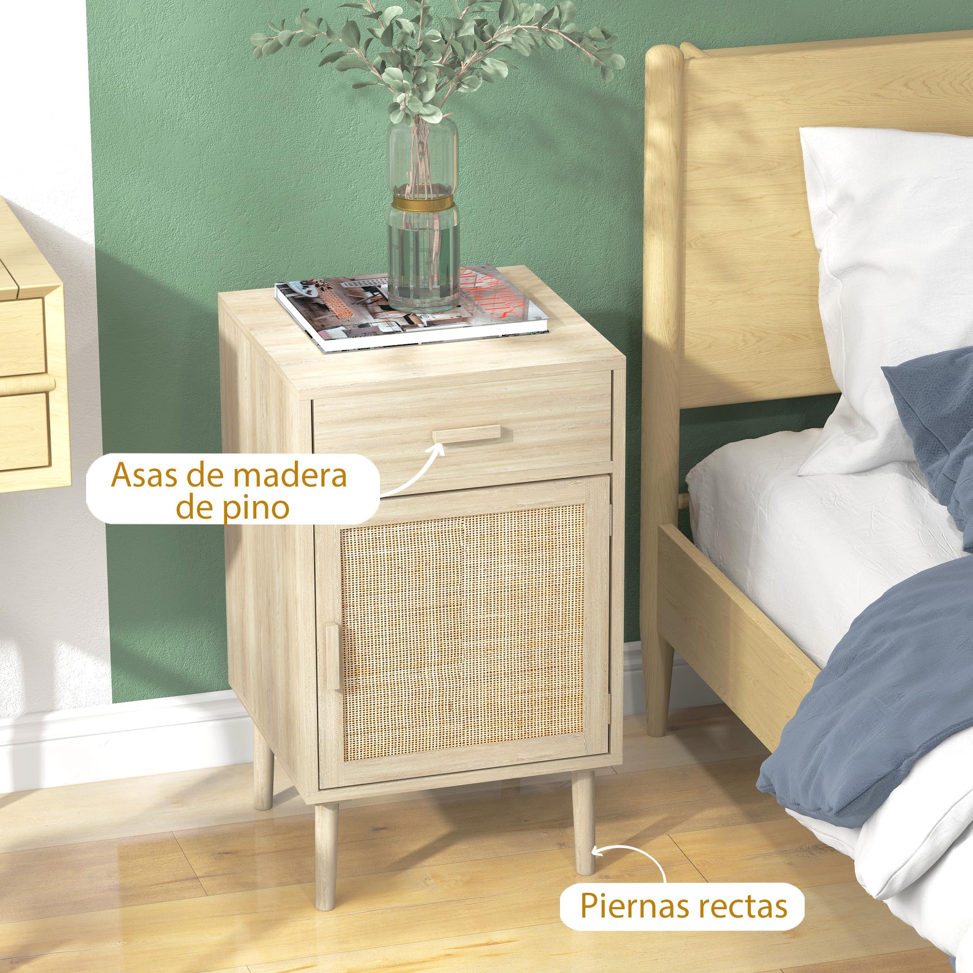 HOMCOM Juego de 2 Mesitas de Noche con Cajón de Ratán 40x40x68,5 cm Roble | Mesillas de Noche, Mesitas Auxiliares, Estante Ajustable, Pack de 2, Dormitorio, Salón
