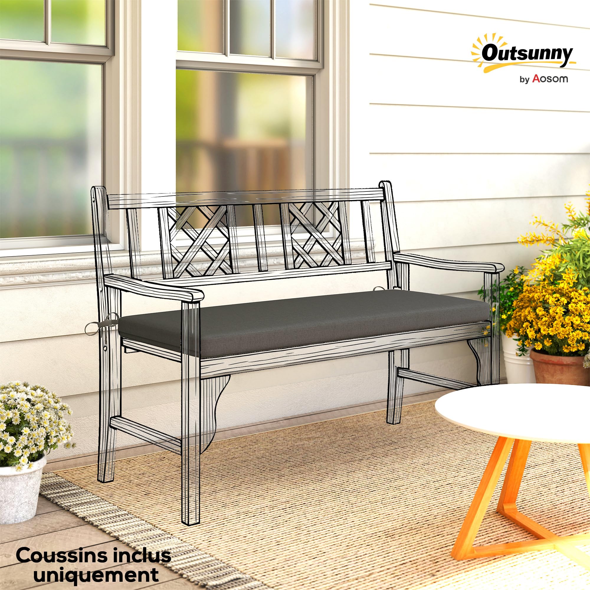 Outsunny Coussin de Banc, Coussin pour Banc de Jardin pour l'extérieur et l'intérieur, Housse Amovible Lavable, UPF 30+, Sangles de Fixation, Jardin, Patio, 110 x 46 x 6,5 cm, Gris foncé