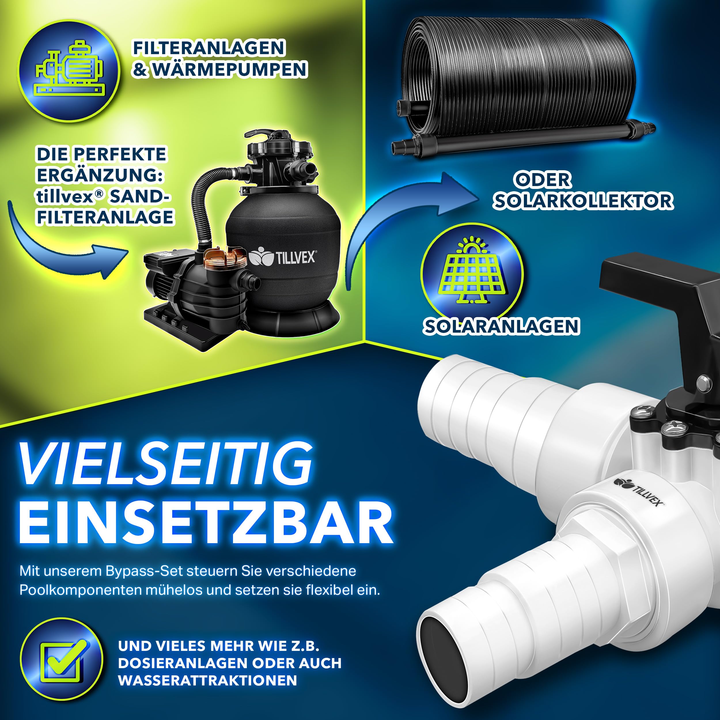 tillvex® Bypass Set Zwembad 12-delig - 32/38 mm, 3-wegventiel en ABS- adapter, met 6 x roestvrijstalen slangklemmen en 8 m isolatietape | voor zandfiltersystemen, warmtepompen & zwembadverwarming
