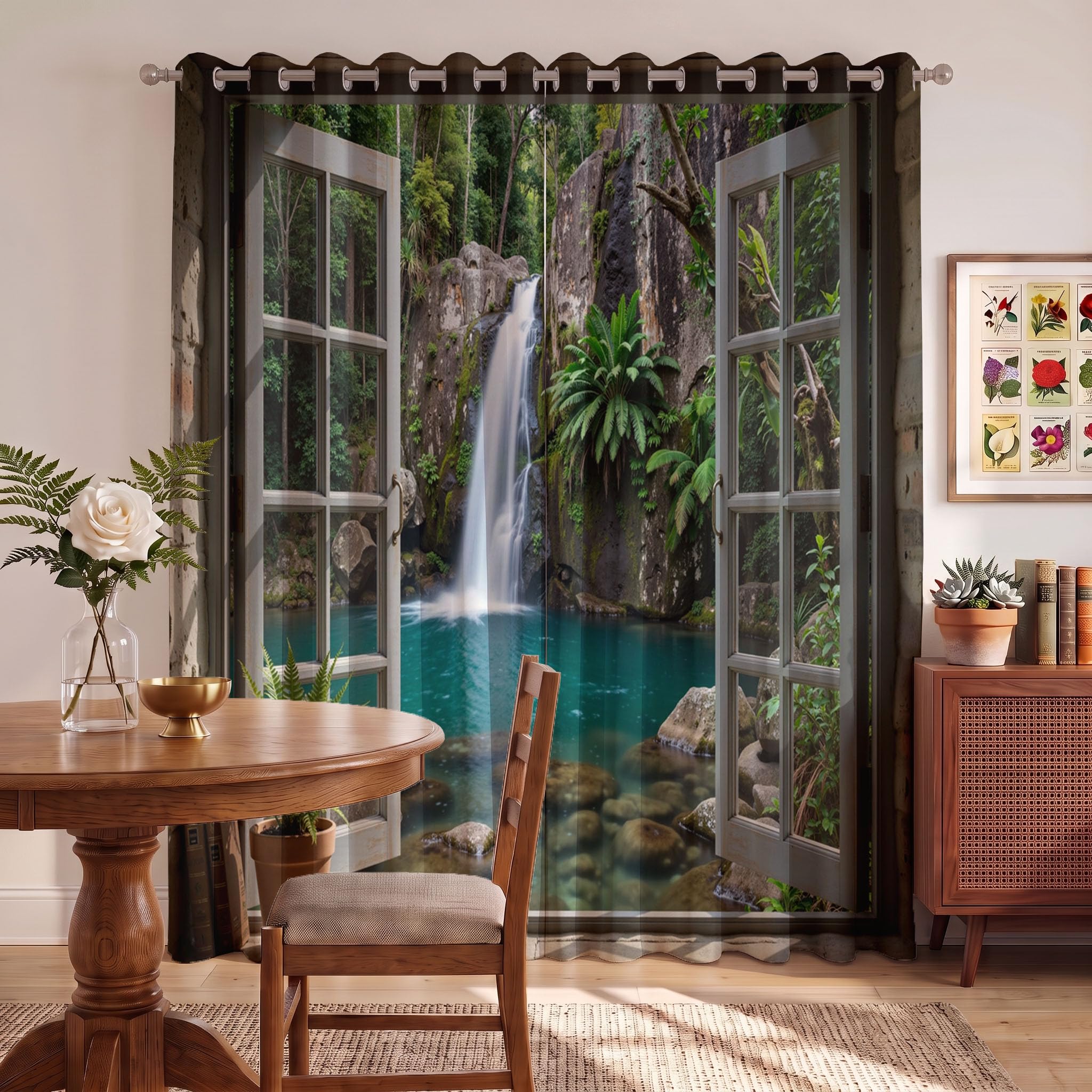 Rideau Occultants sur La Cascade La Jungle Depuis La Fenêtre Vert 140X160 Cm (Lxh) | Rideau Opaque Thermiques Cascade Fougères Fenêtre pour Chambre d'enfant,Lot De 2 Draperies Intérieurs À Oeillets