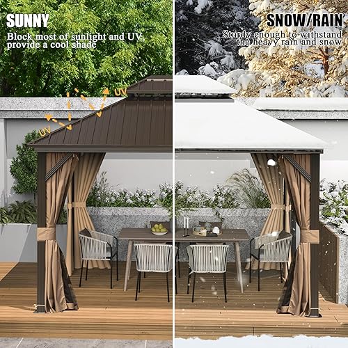 Miniatura 7 de Domi - Cenador de metal con techo rígido de 10 x 14 pies, kiosco de aluminio para exteriores con doble techo de acero galvanizado, cortina y red,