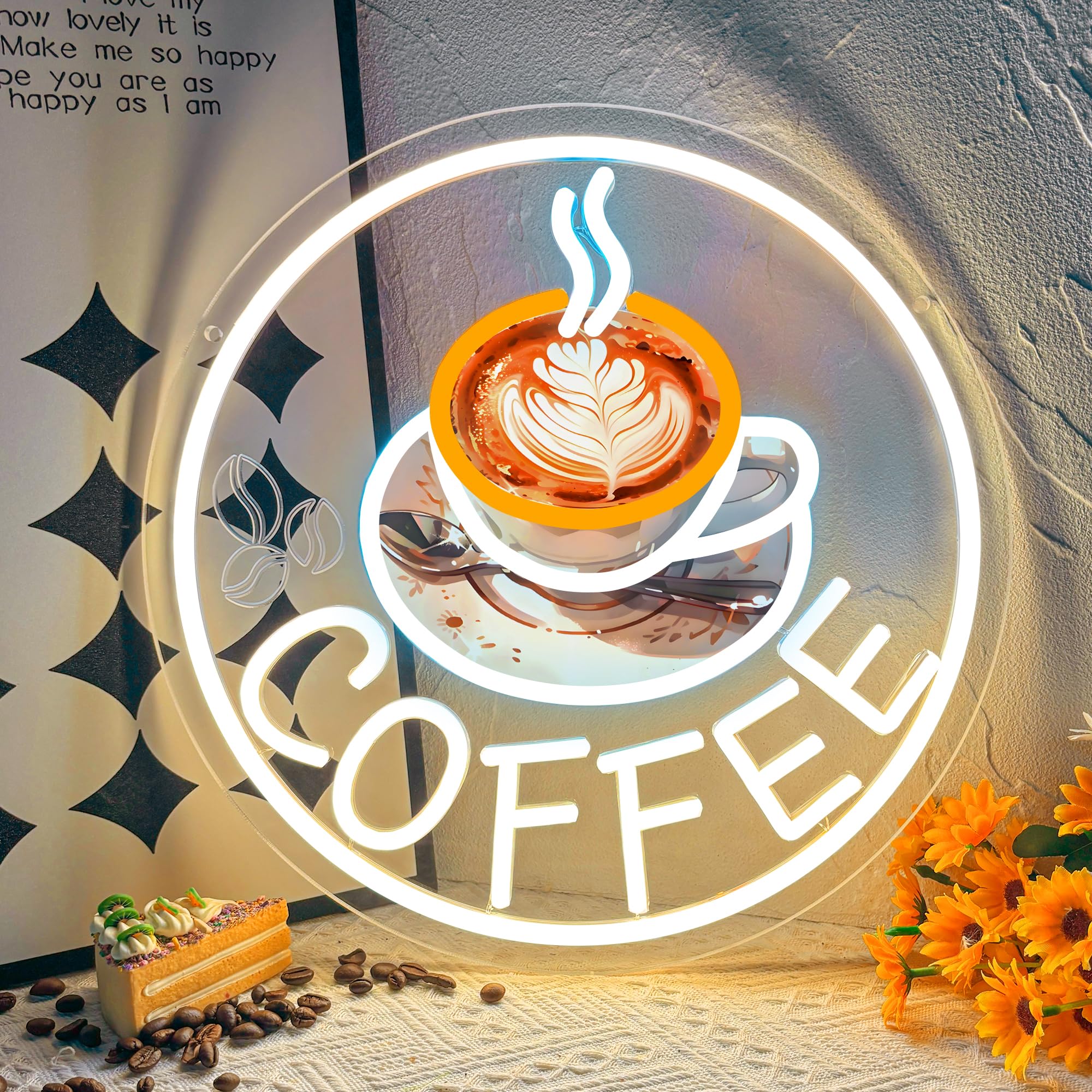 Round Coffee Neon Sign Dimmable Latte Art Coffee Cup Lamp for Wall Decor