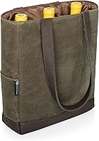Picnic Time Legacy 3-Bottle Insulated Waxed Canvas Wine Tote Bag - Khaki Green, Removable Divider, Side Pockets for Picnics & Gifts