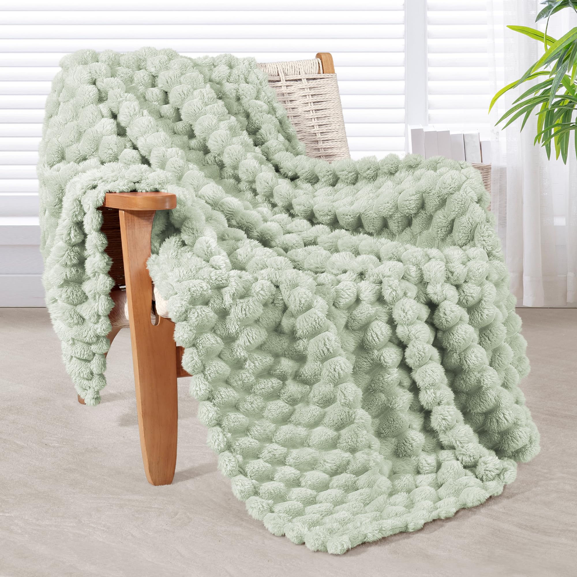 Whale Flotilla manta mullida y suave con patrón jacquard 3D, exquisita y cálida manta para sofá y salón para todas las estaciones, 130 × 150 cm, verde claro