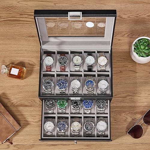 Miniatura 4 de BEWISHOME Watch Case, 20-Slot Watch Box Organizer for Men Watch Case with Large Glass Lid Watch Travel Case Removable Watch Pillows, Mens Jewelry