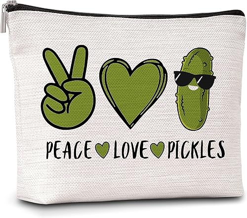 Peace Love Pickles - Bolsa de maquillaje pequeña para amantes de los pepinillos, bolsas de aseo de viaje, divertidos regalos de amistad para