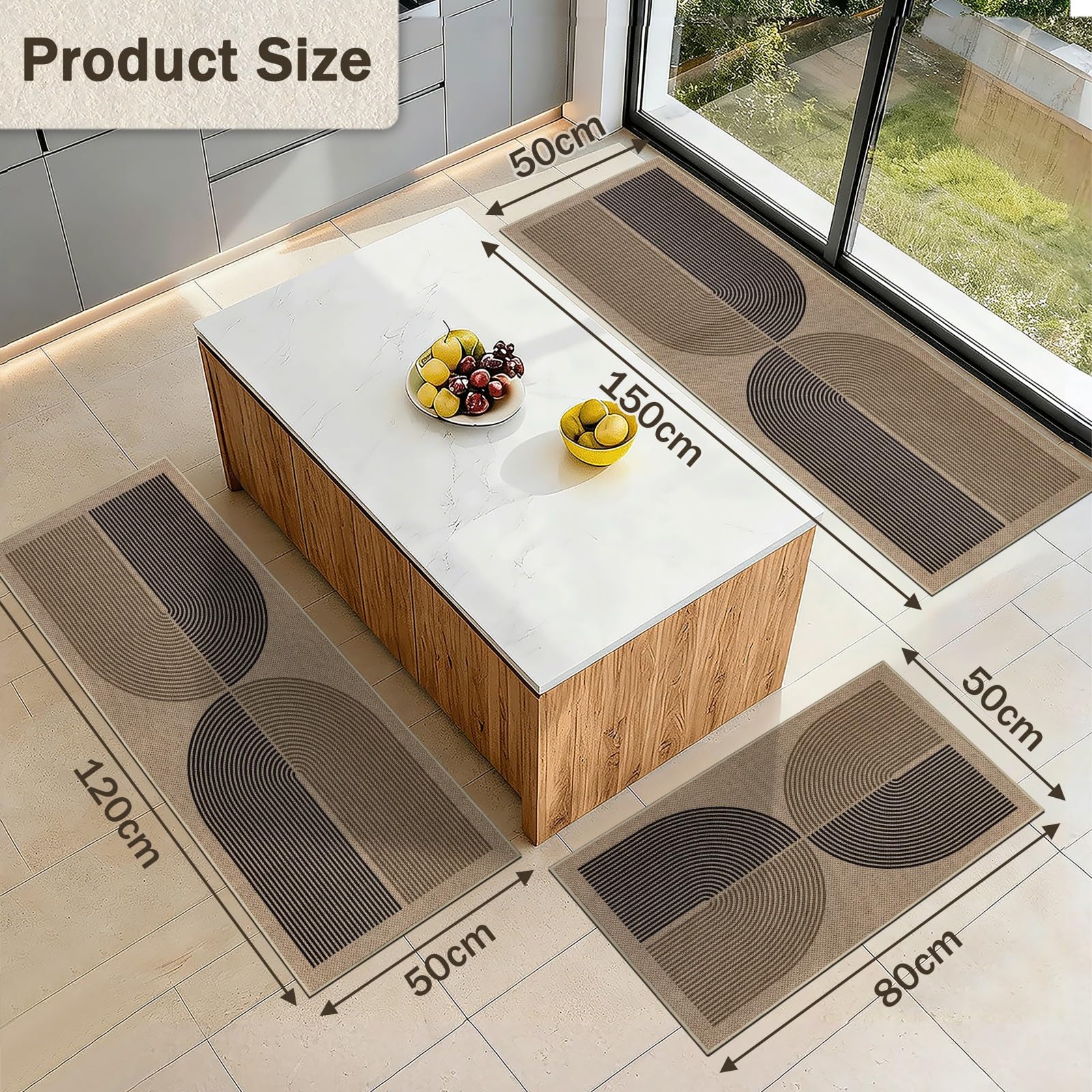 Capslpad Lot de 3 tapis de cuisine antidérapants aspect jute lavables style bohème pour buanderie et couloir, noir et marron (50 x 80 cm + 50 x 120 cm + 50 x 150 cm)