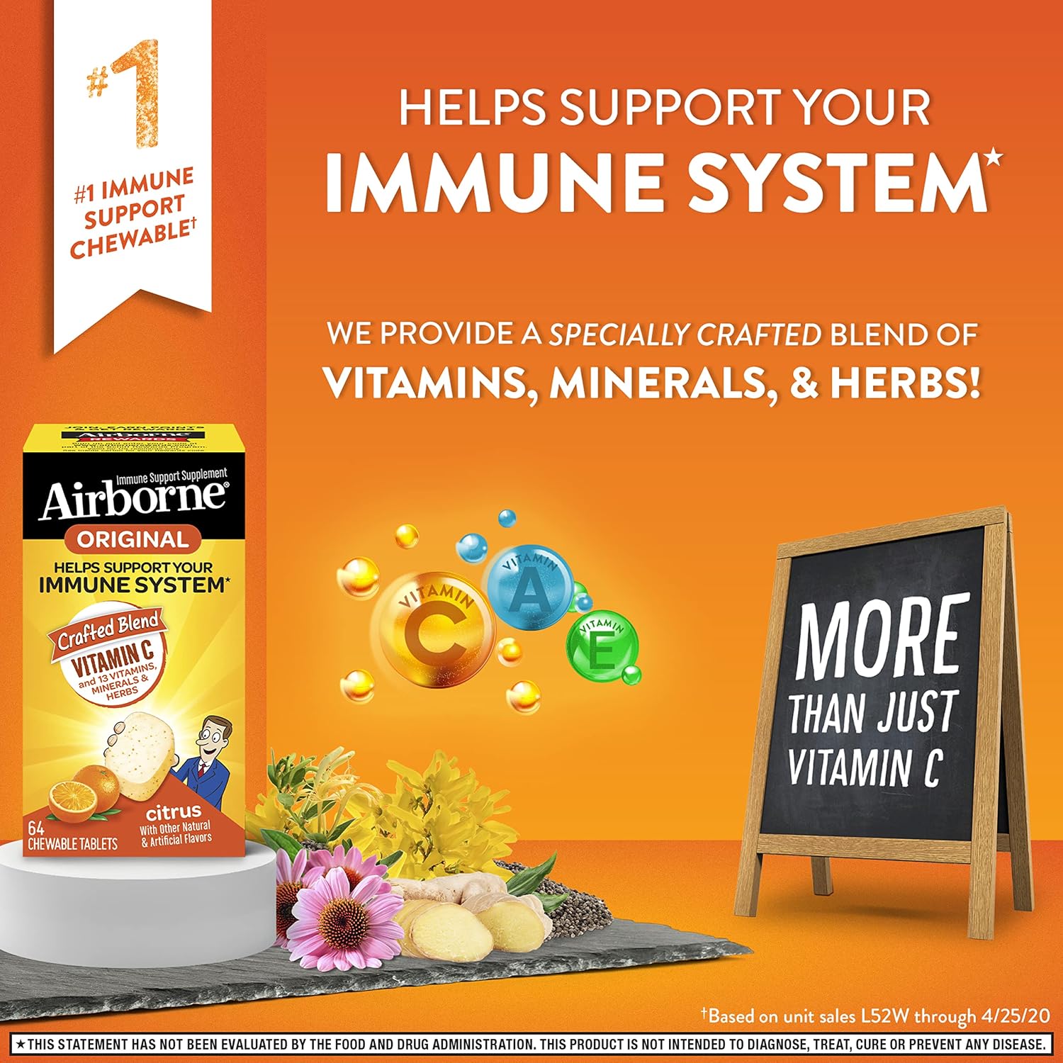 Airborne Vitamin C 1000mg (per serving) - Citrus Chewable Tablets (64 count in a box), Gluten-Free Immune Support Supplement With Vitamins A C E, ZINC, Selenium, Echinacea, Ginger, Antioxidants