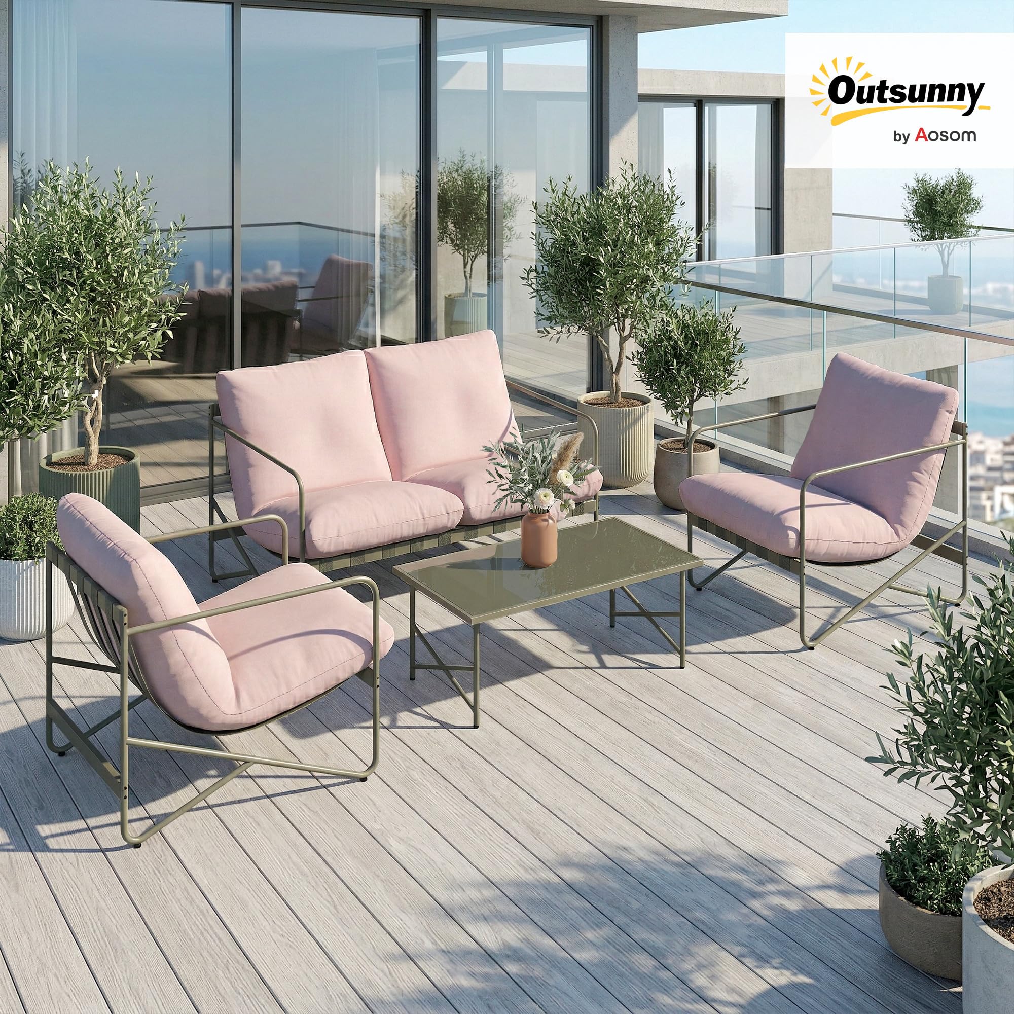 Outsunny Conjunto de Jardín Exterior de 4 Piezas con Sofá de 2 Plazas Rosa | Muebles Jardín Exterior, 2 Sillones, Mesa de Vidrio Templado, Cojines Gruesos, para Terraza