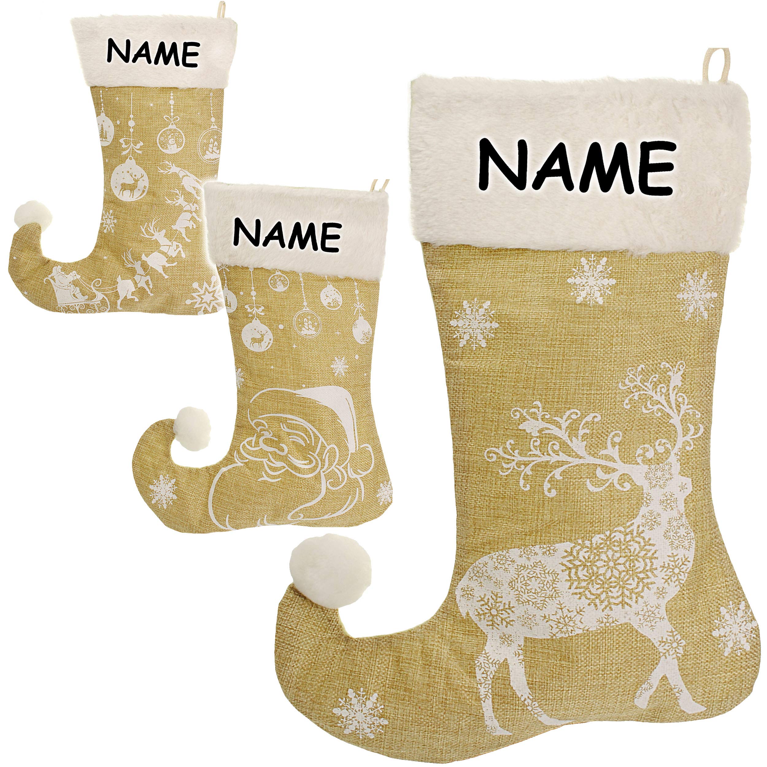 alles-meine.de GmbH 10 Stück XL - Weihnachtssocken & Weihnachtsstrümpfe - inkl. Name - Weihnachtsmann/Rentier/Schneeflocken - 45 cm - weiß - zum Aufhängen - Nikolausstiefel..