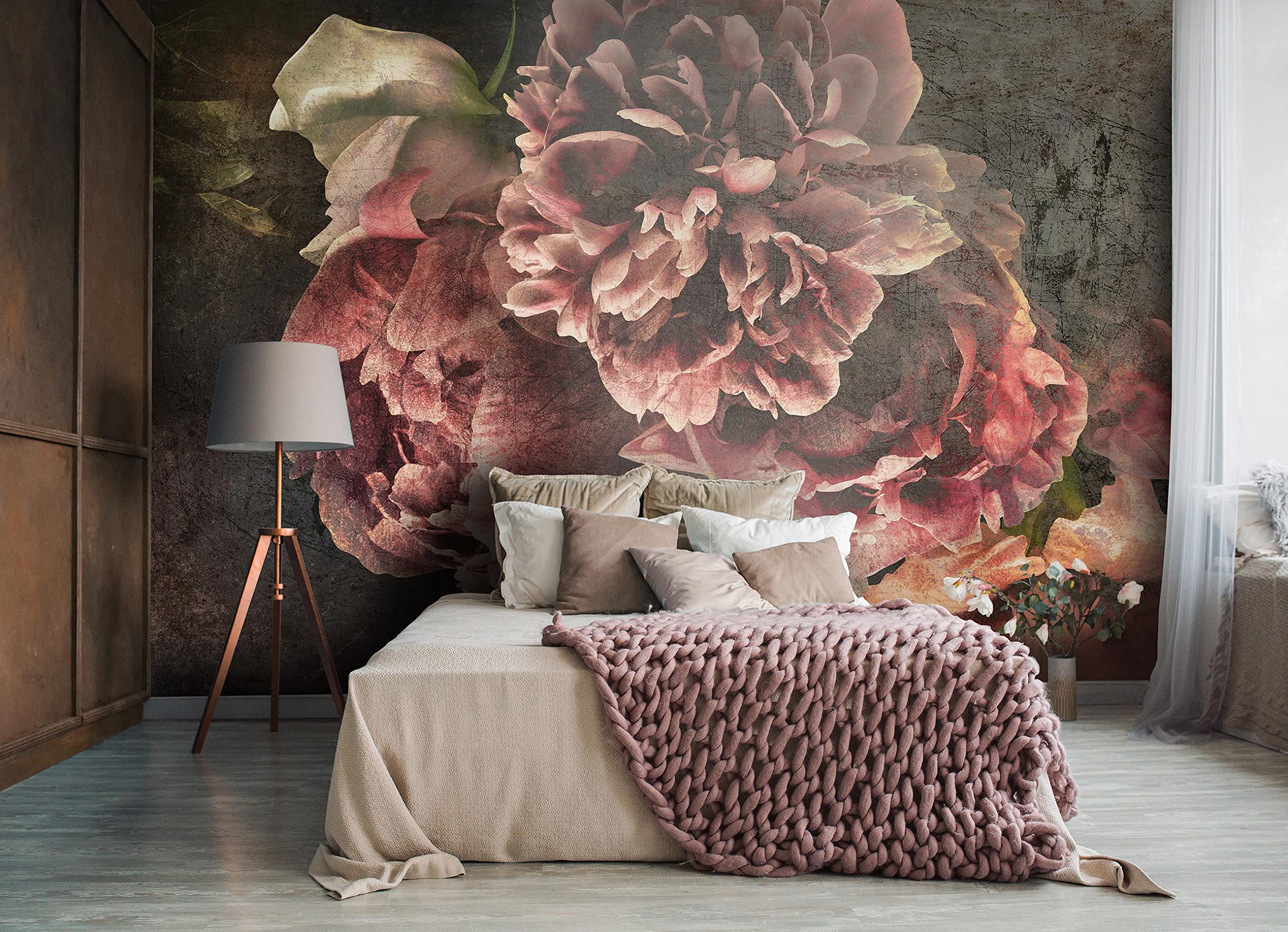 WallArena - Carta da parati fotografica - Fiori, Vintage, Murale fotografico - Per soggiorno e camera da letto - Effetto 3D - con Colla - Peonie, Peonie, Cemento