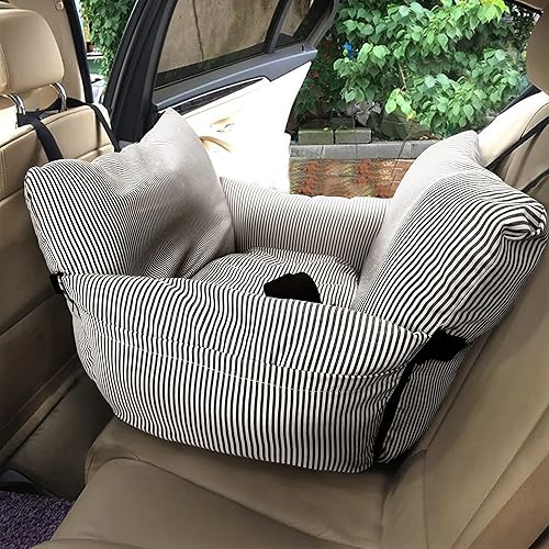 Miniatura 9 de Asiento de automóvil para perro, asiento de seguridad para mascotas, portátil, para mascotas pequeñas y medianas, desmontable y lavable con rayas
