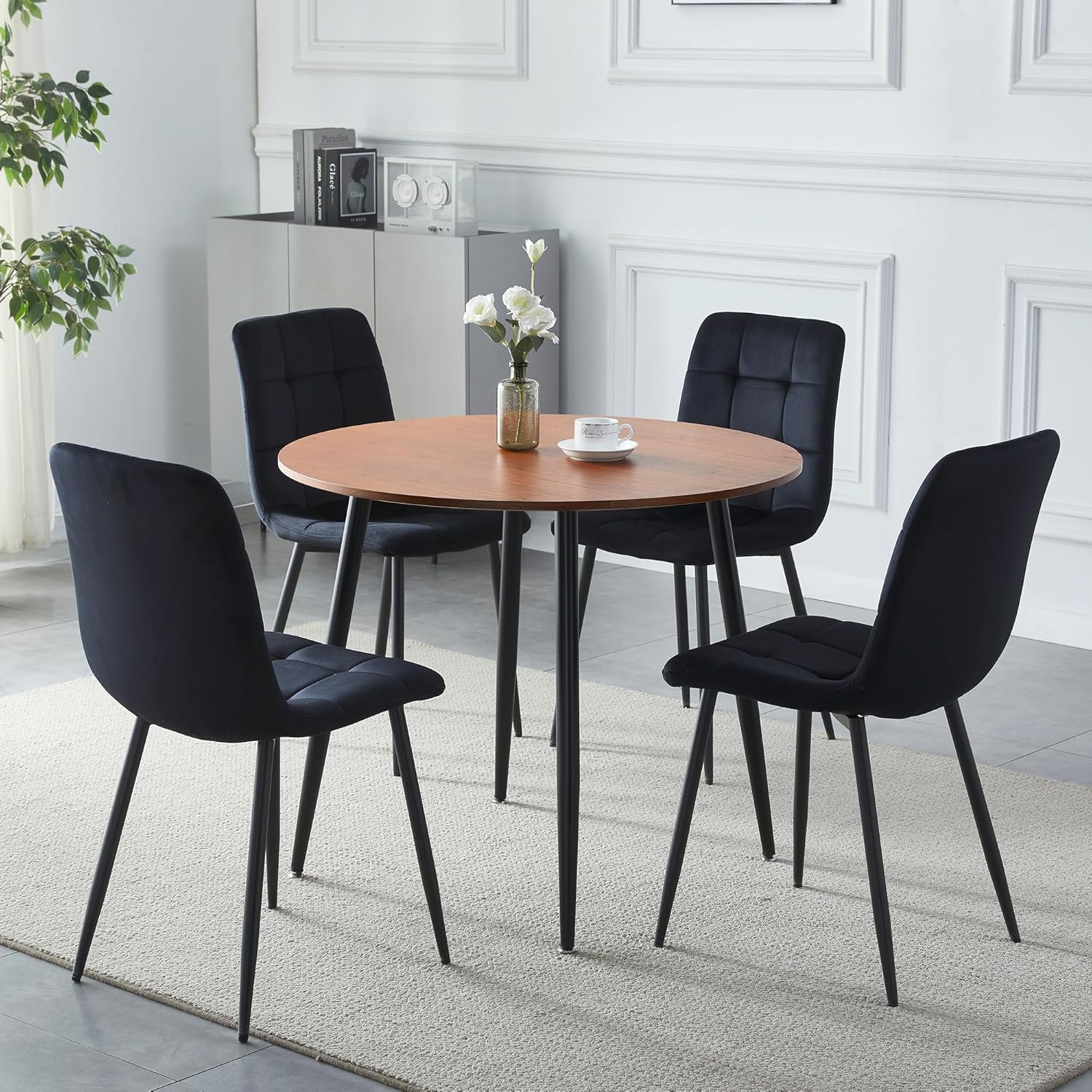 HomJoy 90CM Round Dining Table and Chairs Set 4 Modern Circular Walnut ...