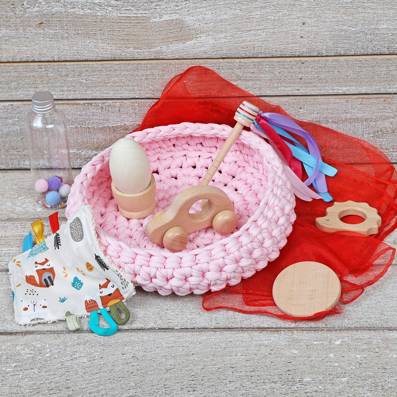 Montessori-Schatzkorb für Babys (4-18 Monate), sensorisches Spielzeug, handgefertigt aus natürlichen Materialien, Lernspiel zur Stimulation und Entwicklung, originelles Babygeschenk, Rosa