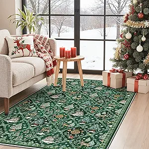 Madane Washable Christmas Rugs - 3x5 Non-Slip Lightweight Green Area Rug for Living Throw Small Soft Bedroom Rugs, Holiday Decor Carpet Accent Print Indoor Rug for Kitchen Dining Room