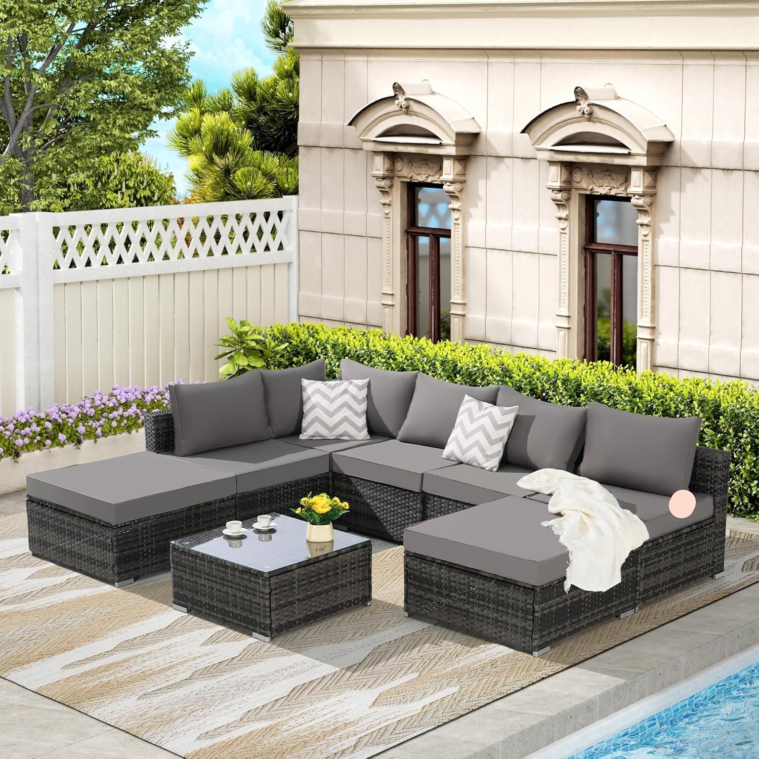 8 Pcs Outdoor Patio Sectional Sofa Couch Wicker Furniture Conversation Sets with Washable Cushions Glass Coffee Table for Backyard Porch Balcony Poolside