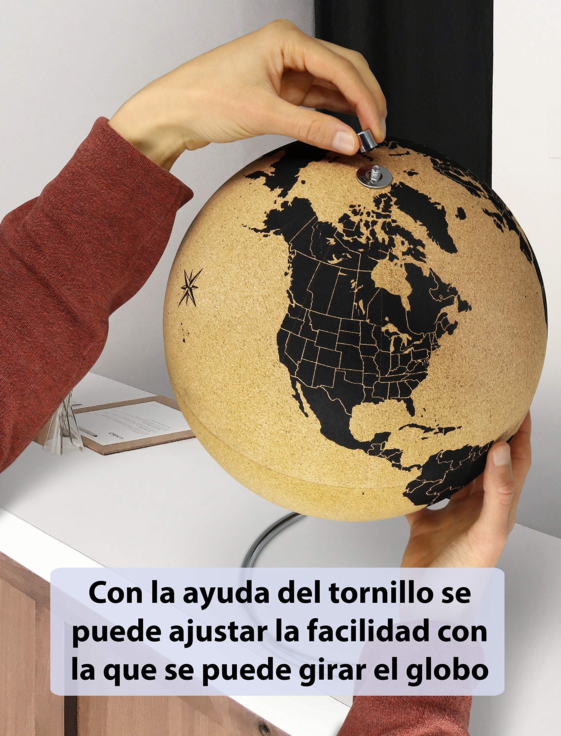 Gran globo terráqueo de corcho de 33 cm de alto con 54 chinchetas diferentes - Globo terráqueo giratorio hecho de corcho - Globo terráqueo como idea de regalo para los amantes de los viajes